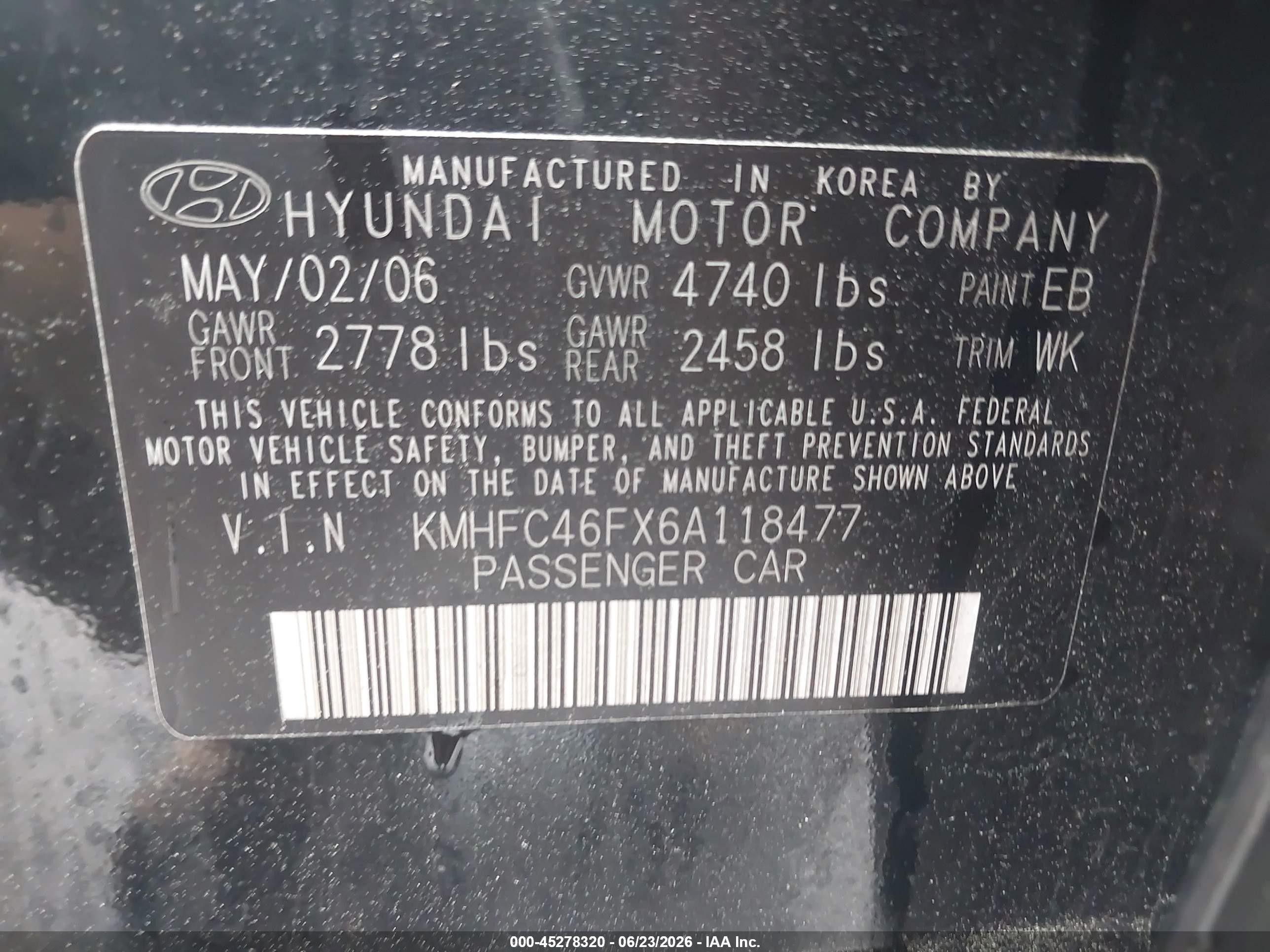 2006 Hyundai Azera Limited/se Black vin: KMHFC46FX6A118477