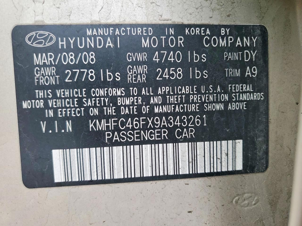 2009 Hyundai Azera Se Gold vin: KMHFC46FX9A343261
