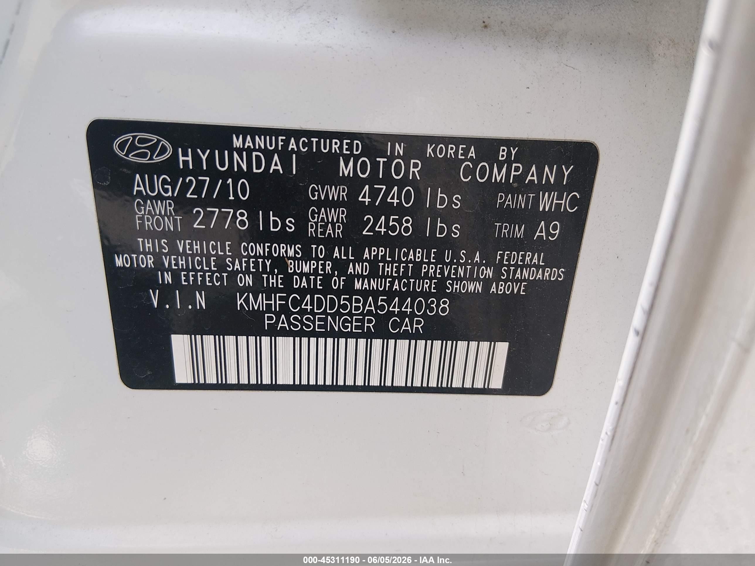 2011 Hyundai Azera Gls White vin: KMHFC4DD5BA544038