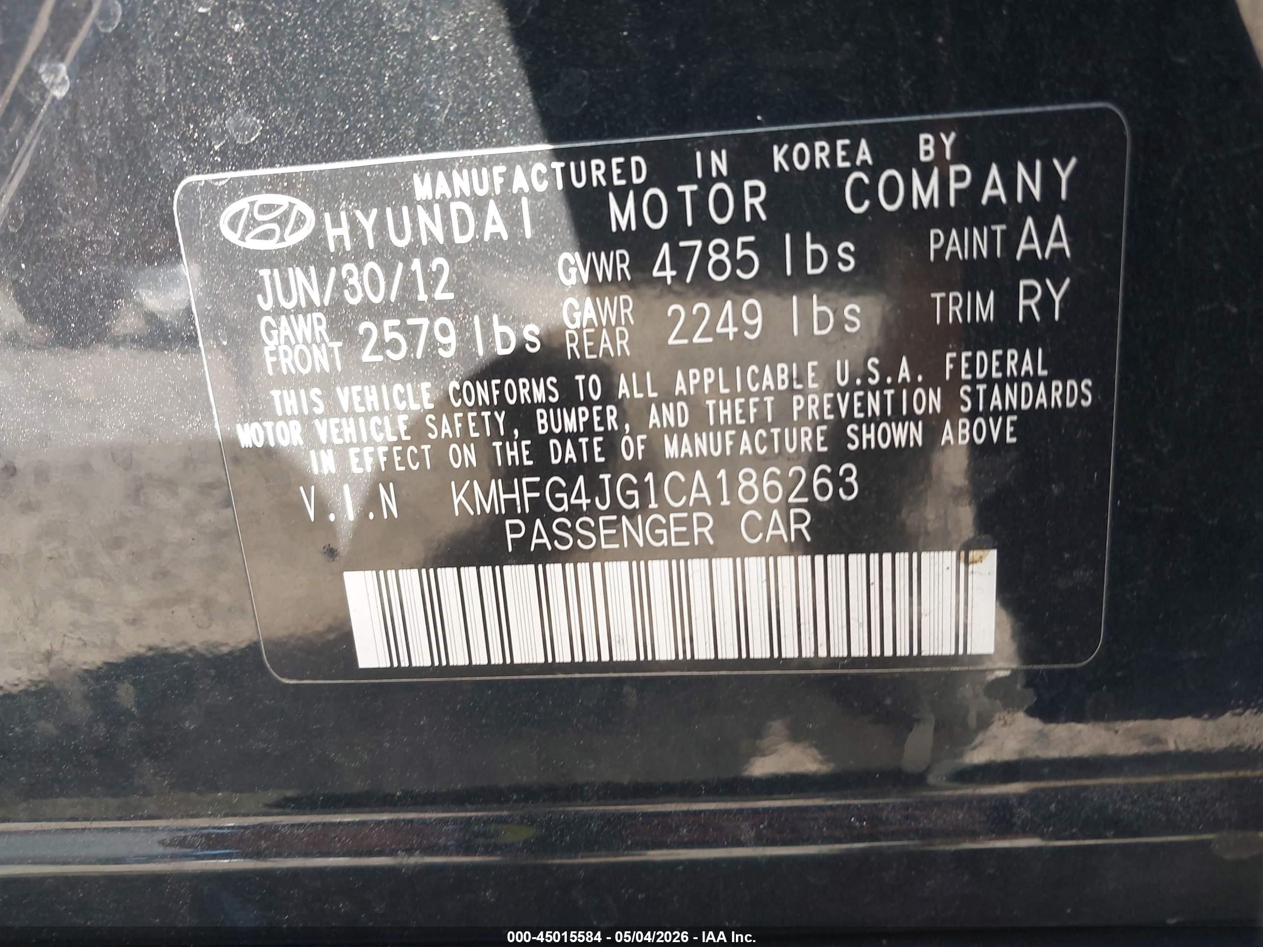 2012 Hyundai Azera   Черный vin: KMHFG4JG1CA186263