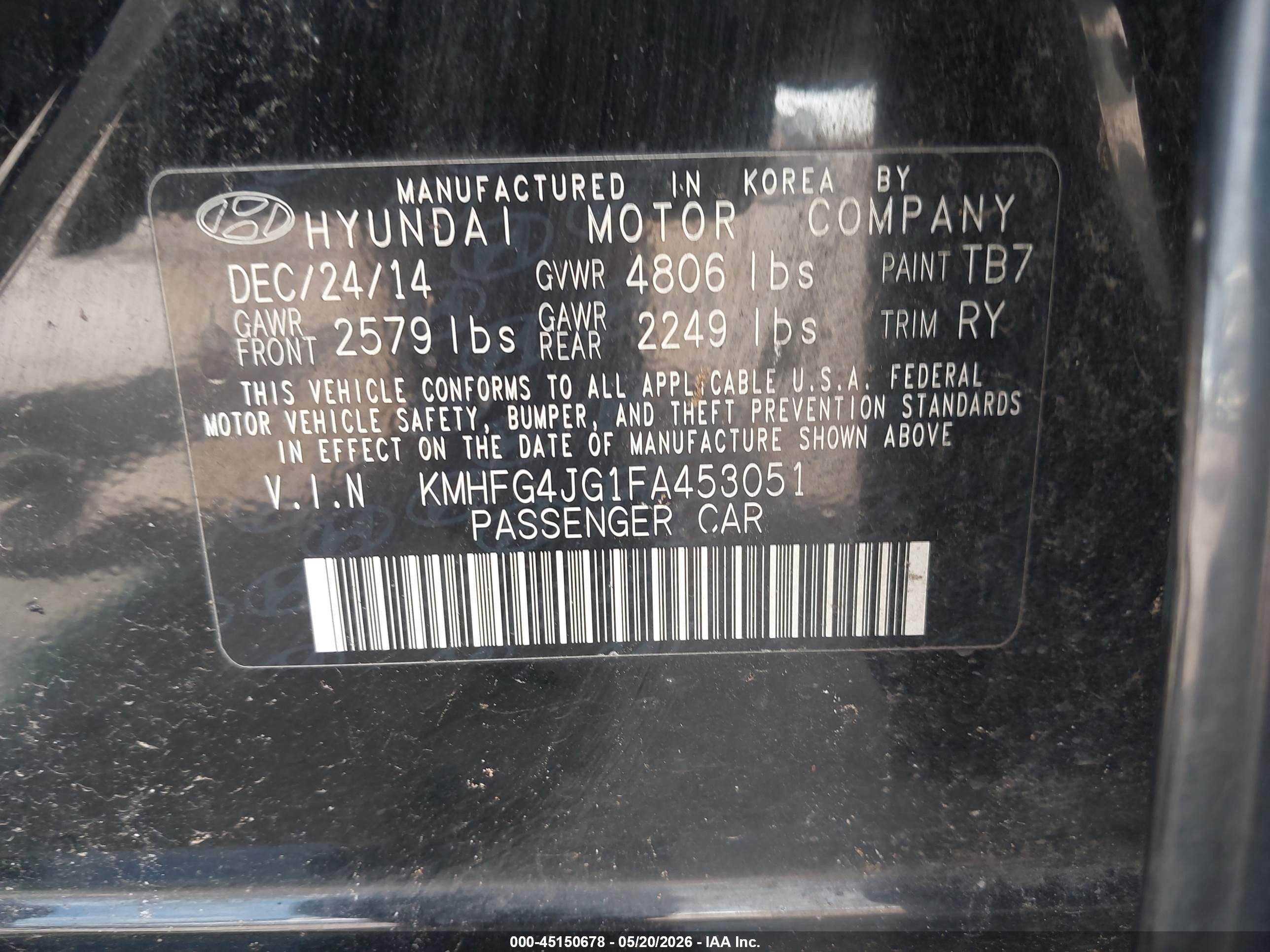 2015 Hyundai Azera   Черный vin: KMHFG4JG1FA453051