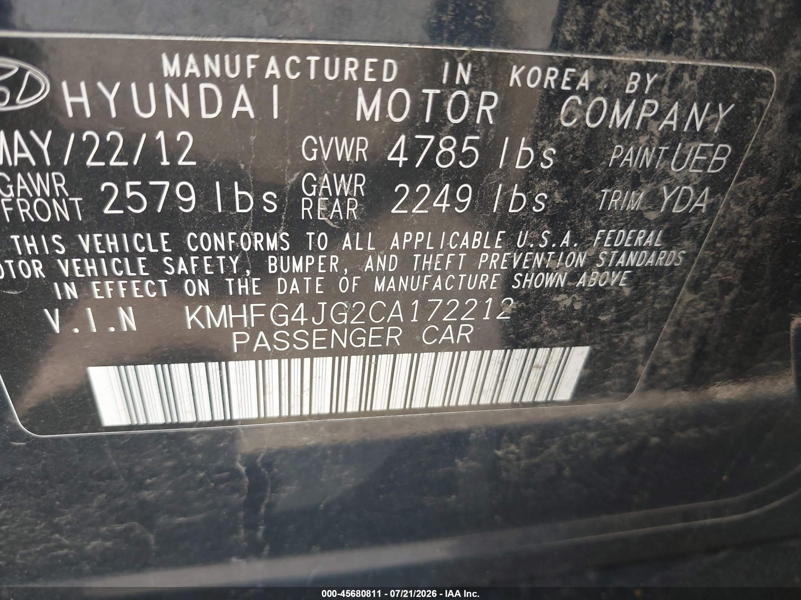 2012 Hyundai Azera   Blue vin: KMHFG4JG2CA172212