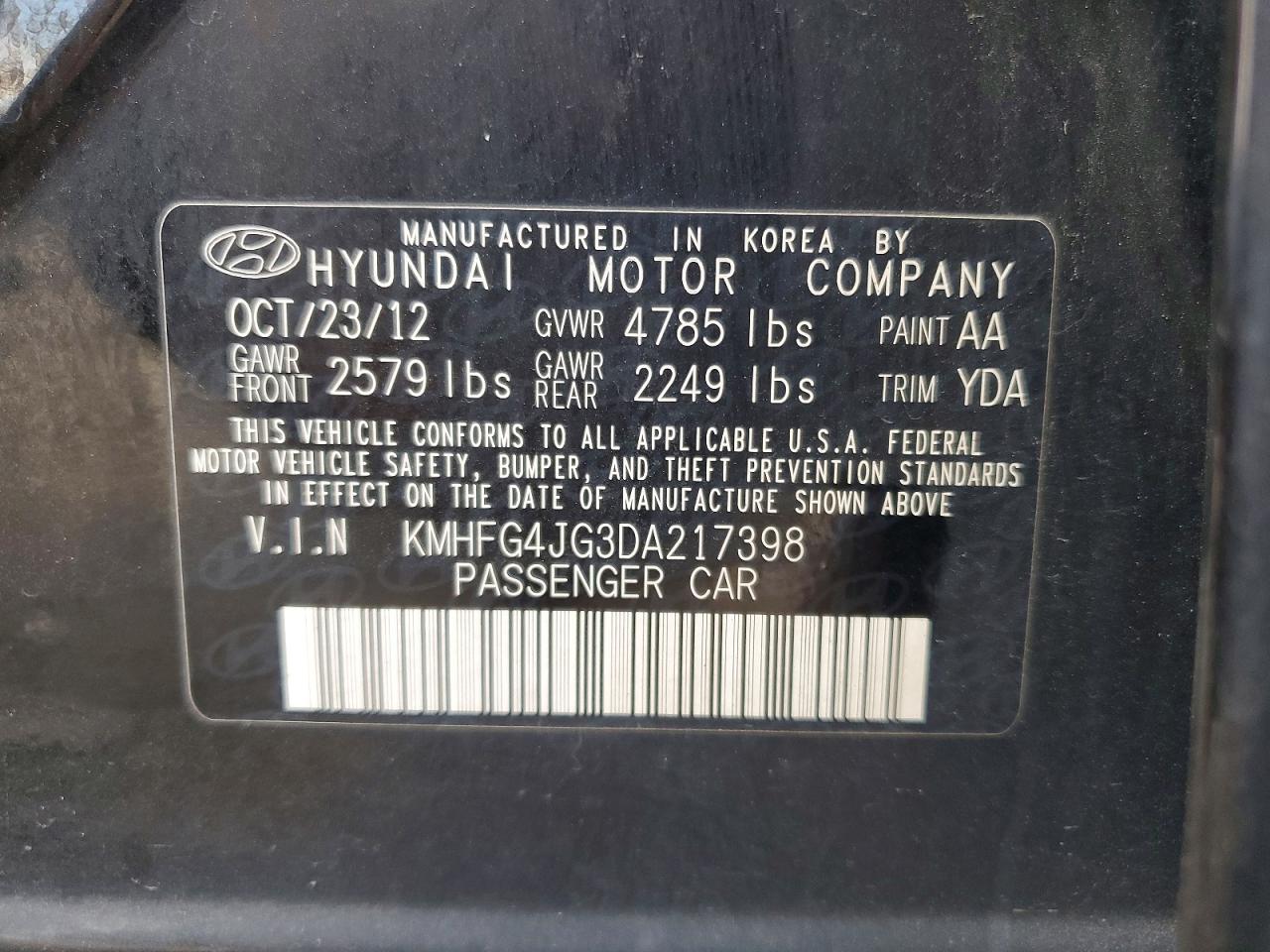 2013 Hyundai Azera Base Черный vin: KMHFG4JG3DA217398