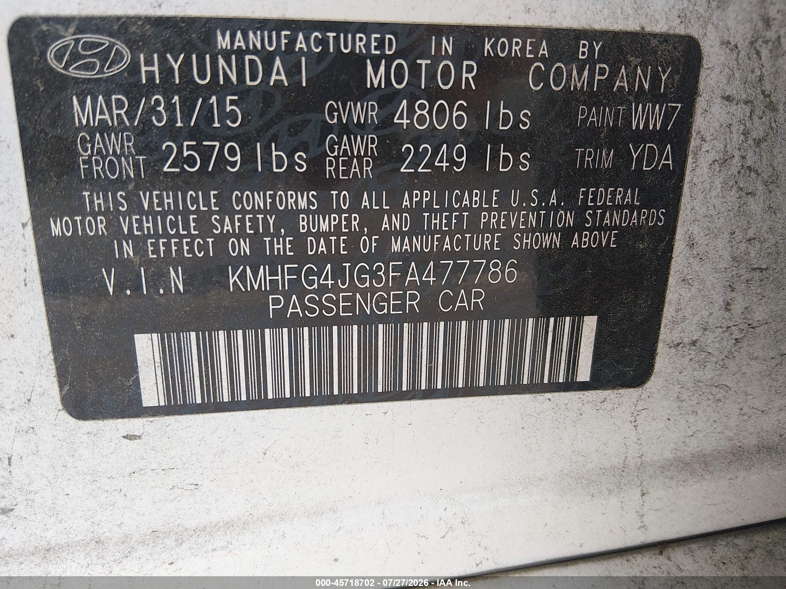2015 Hyundai Azera   White vin: KMHFG4JG3FA477786
