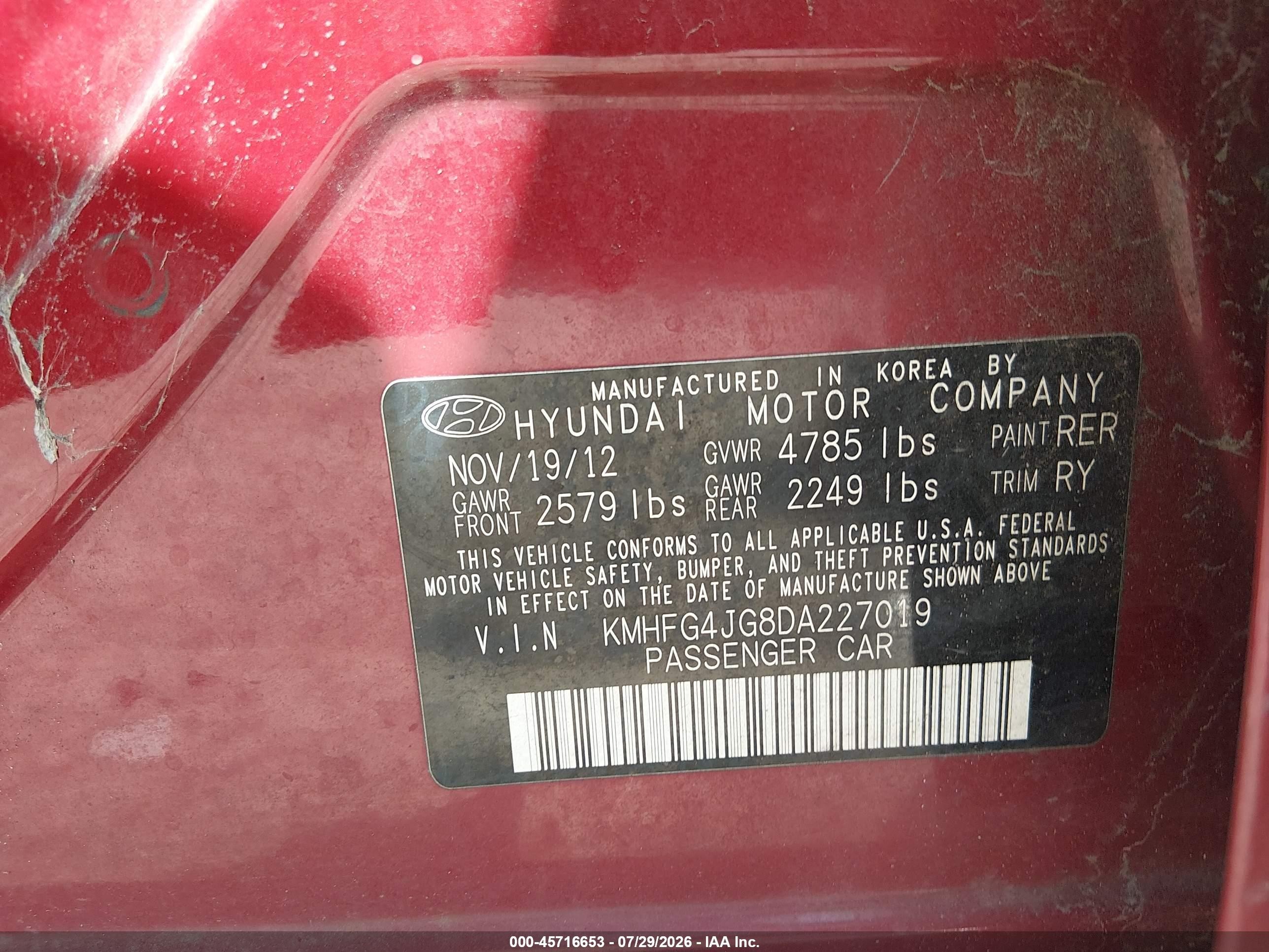 2013 Hyundai Azera   Red vin: KMHFG4JG8DA227019