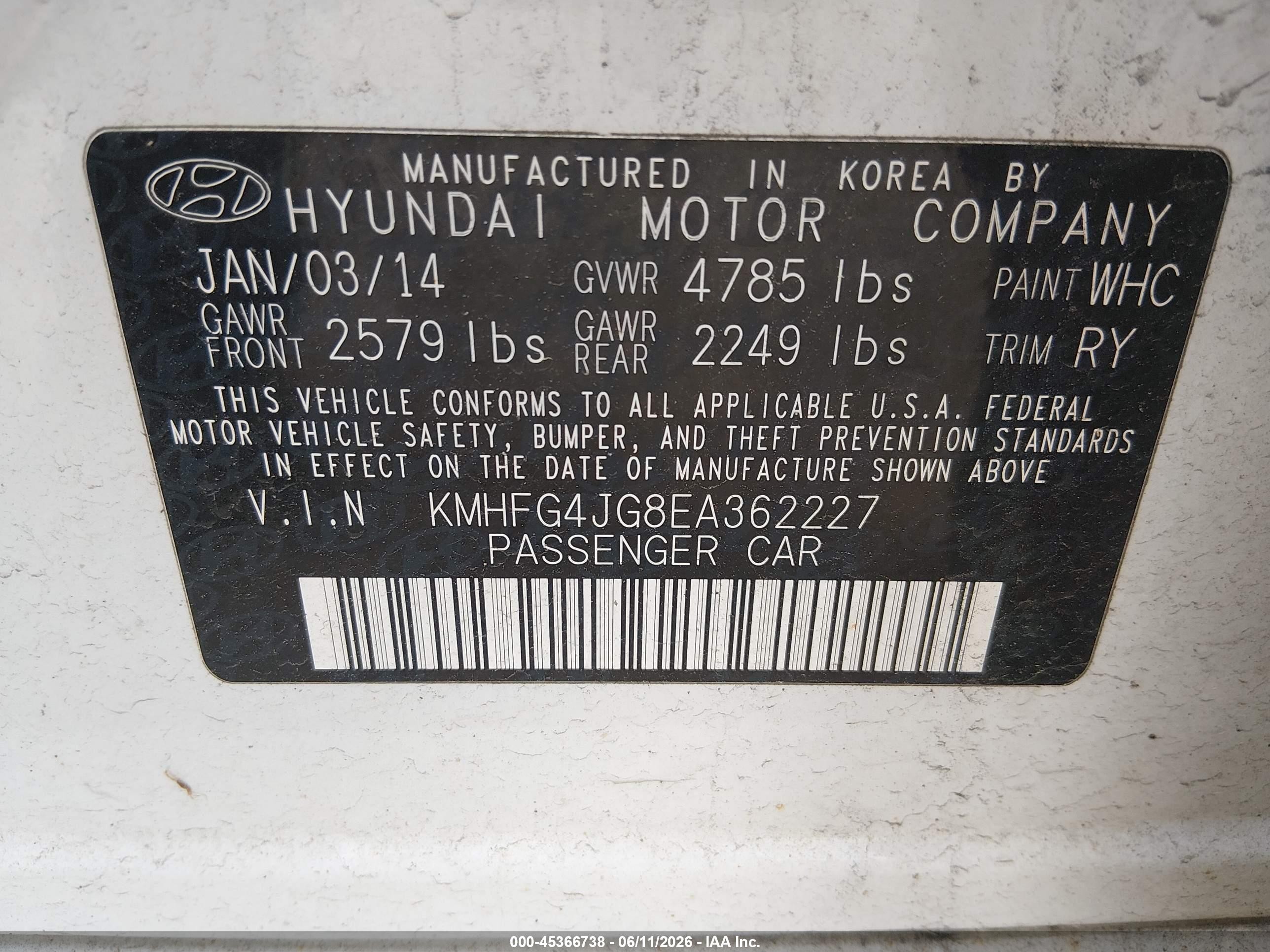 2014 Hyundai Azera   White vin: KMHFG4JG8EA362227