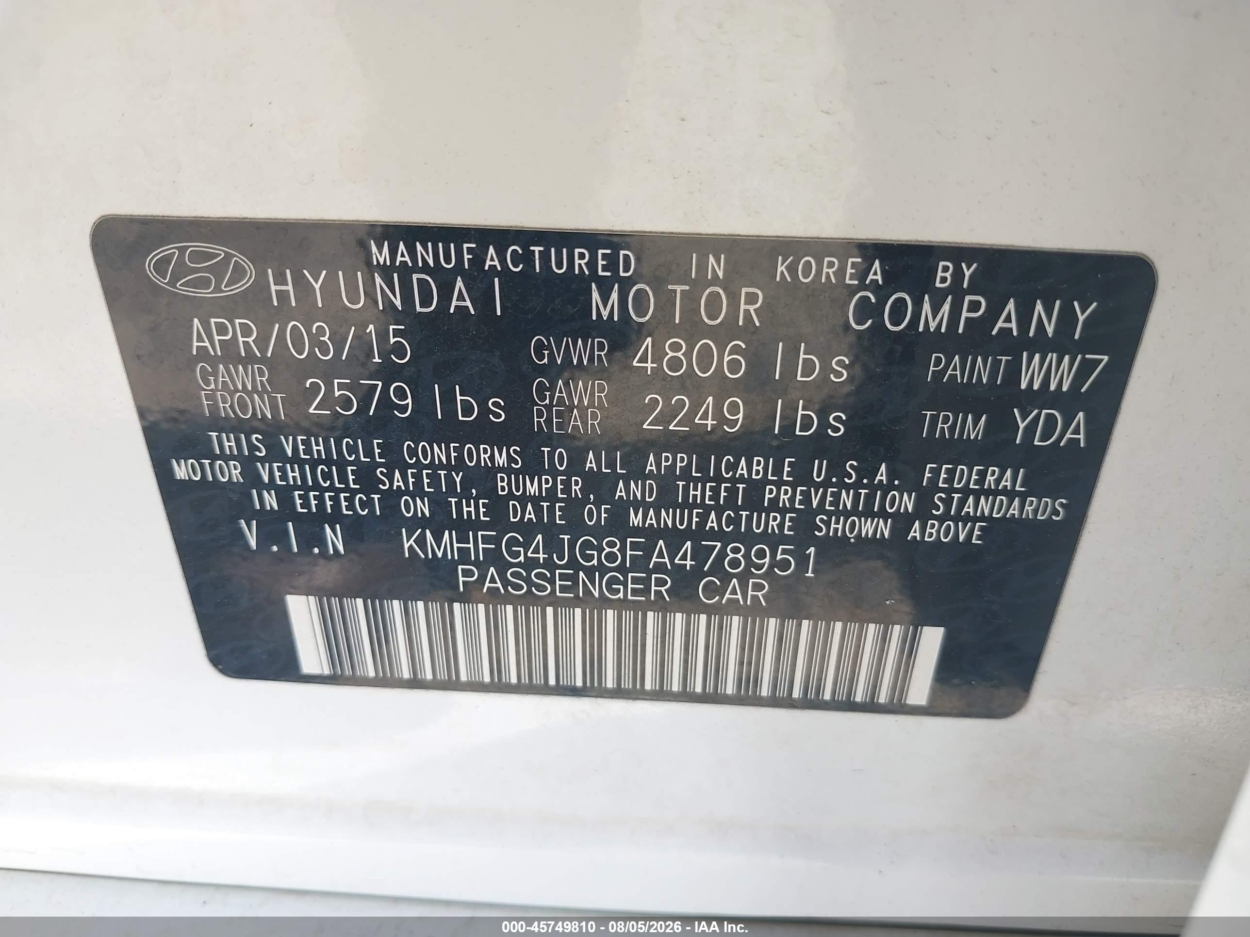 2015 Hyundai Azera   White vin: KMHFG4JG8FA478951