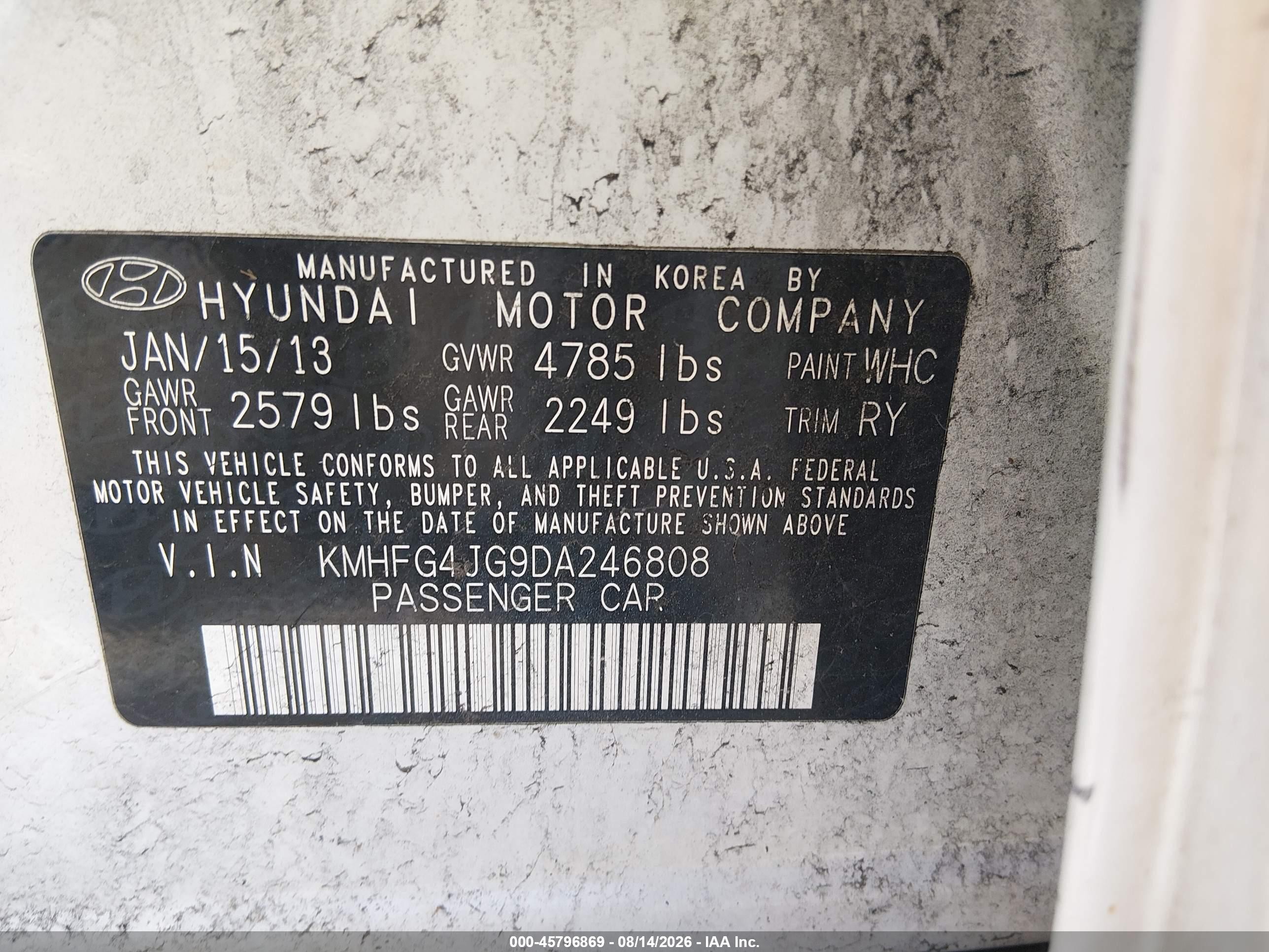 2013 Hyundai Azera   White vin: KMHFG4JG9DA246808