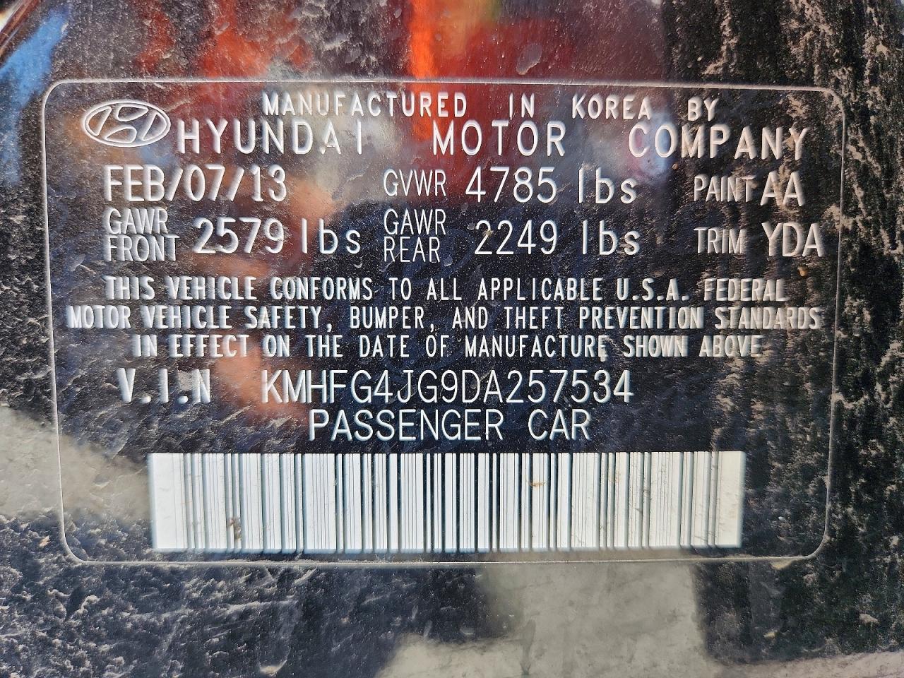 2013 Hyundai Azera Base Black vin: KMHFG4JG9DA257534