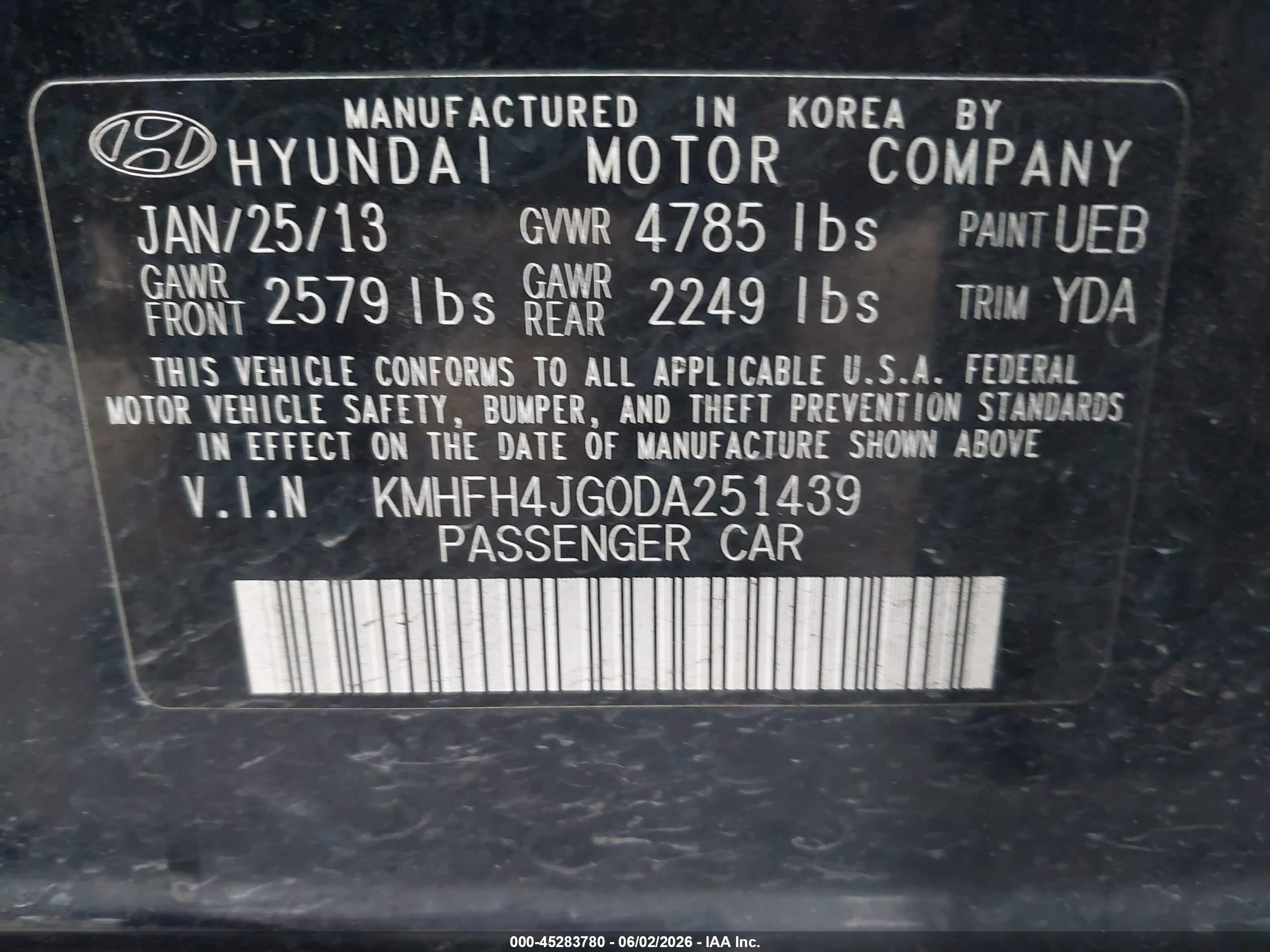 2013 Hyundai Azera   Blue vin: KMHFH4JG0DA251439