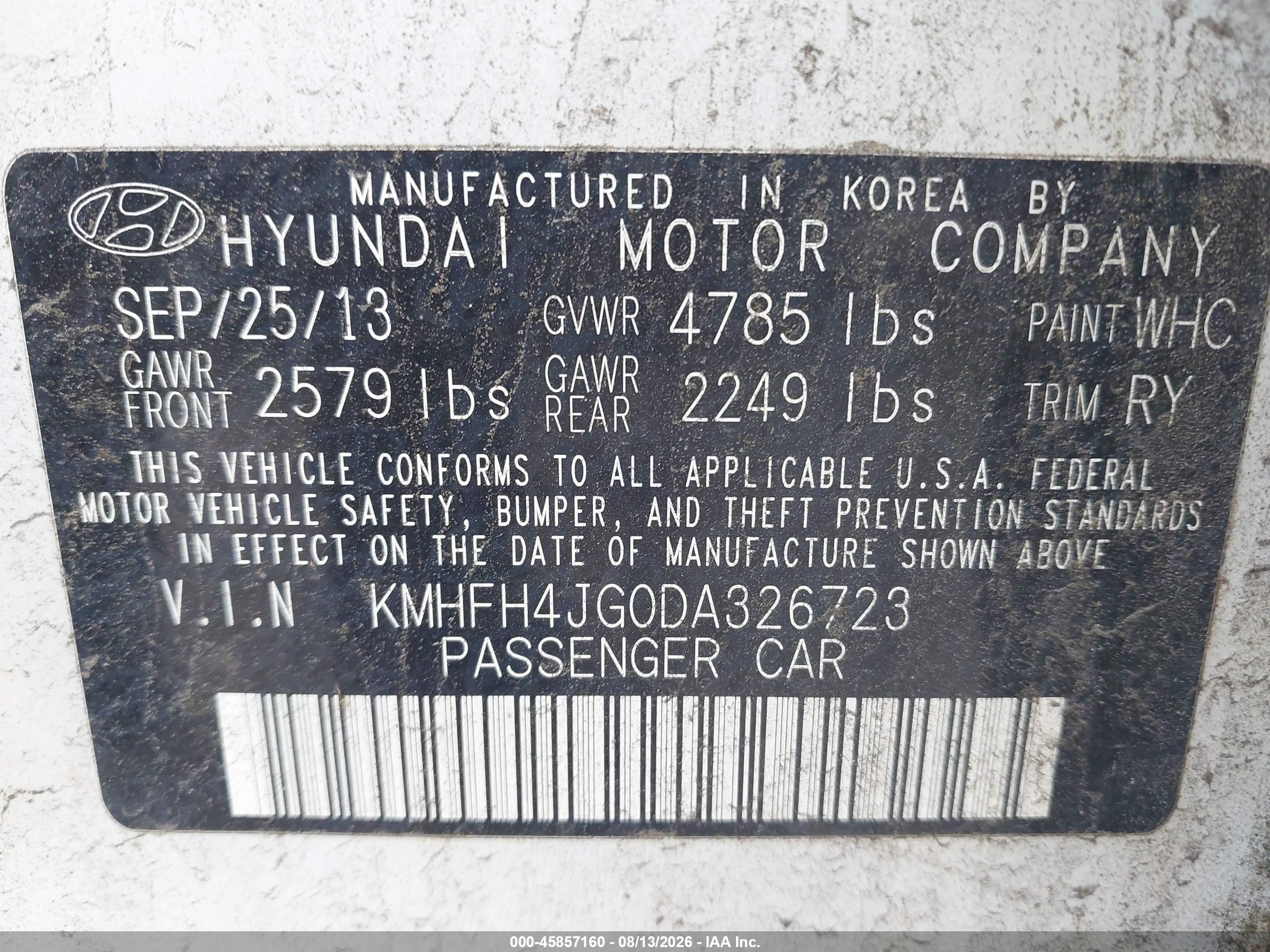 2013 Hyundai Azera   White vin: KMHFH4JG0DA326723