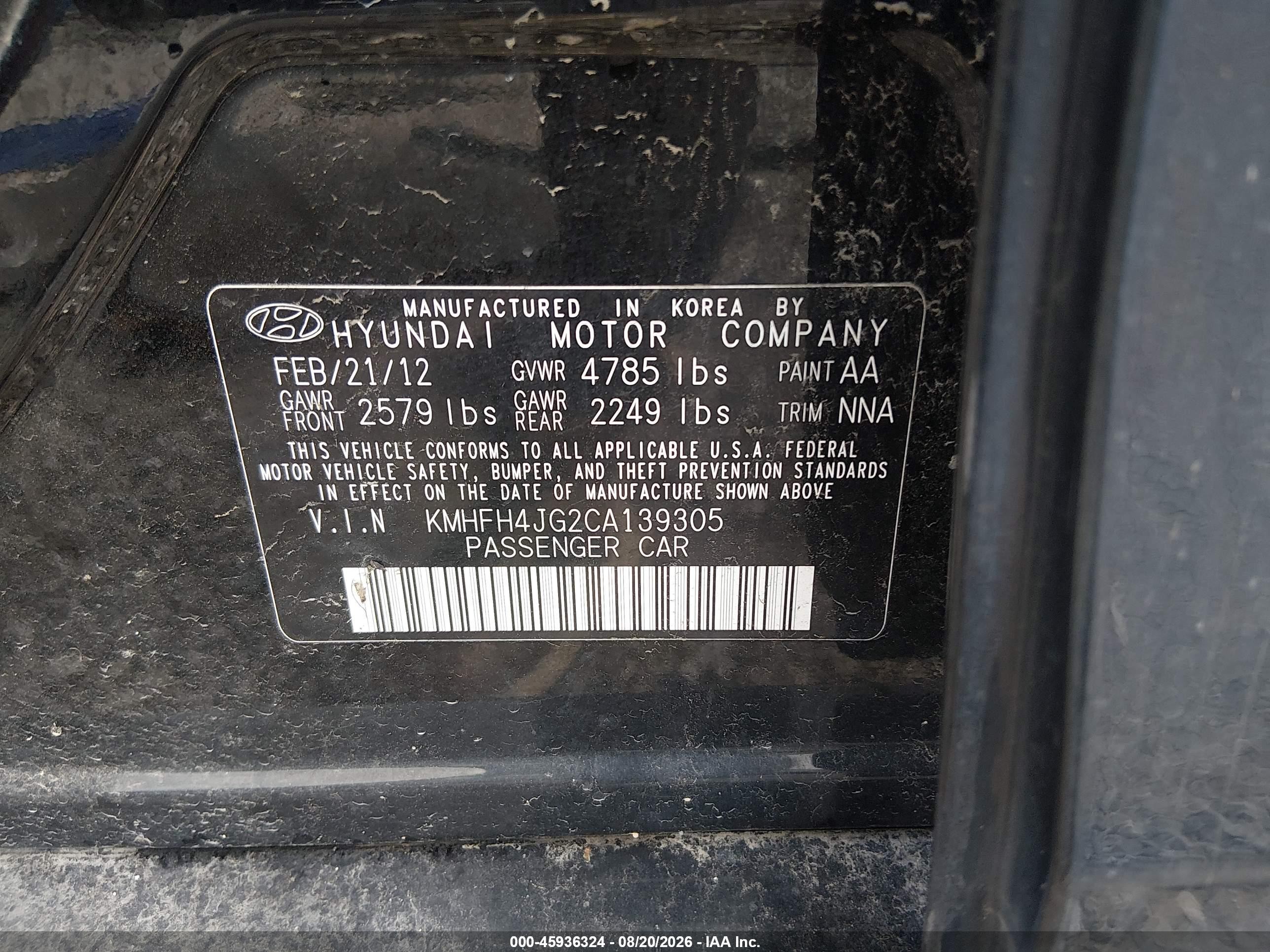 2012 Hyundai Azera   Black vin: KMHFH4JG2CA139305