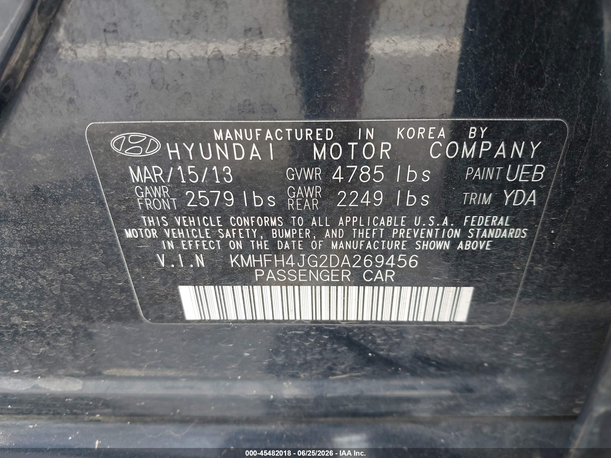2013 Hyundai Azera   Dark Blue vin: KMHFH4JG2DA269456