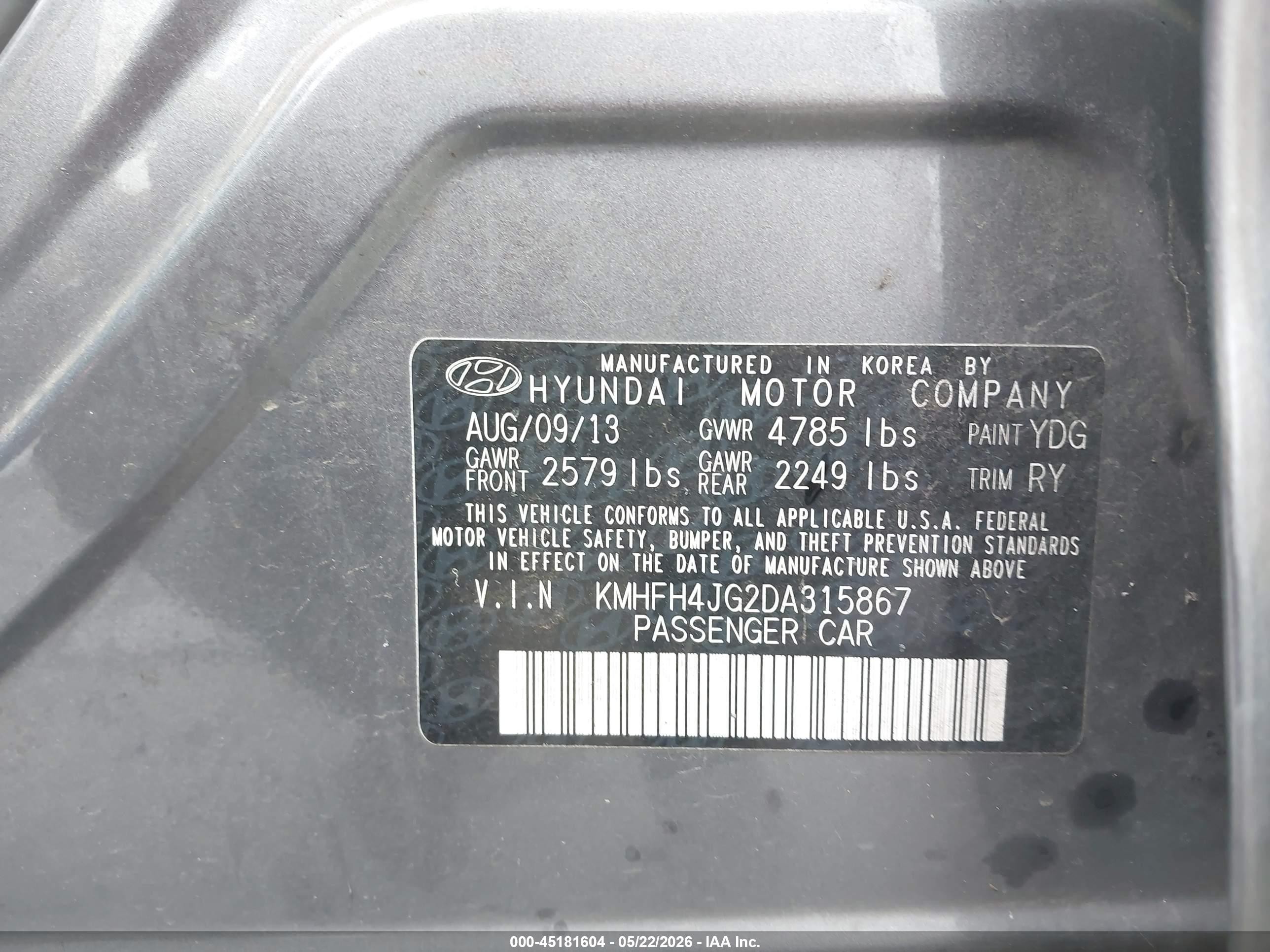2013 Hyundai Azera   Серый vin: KMHFH4JG2DA315867