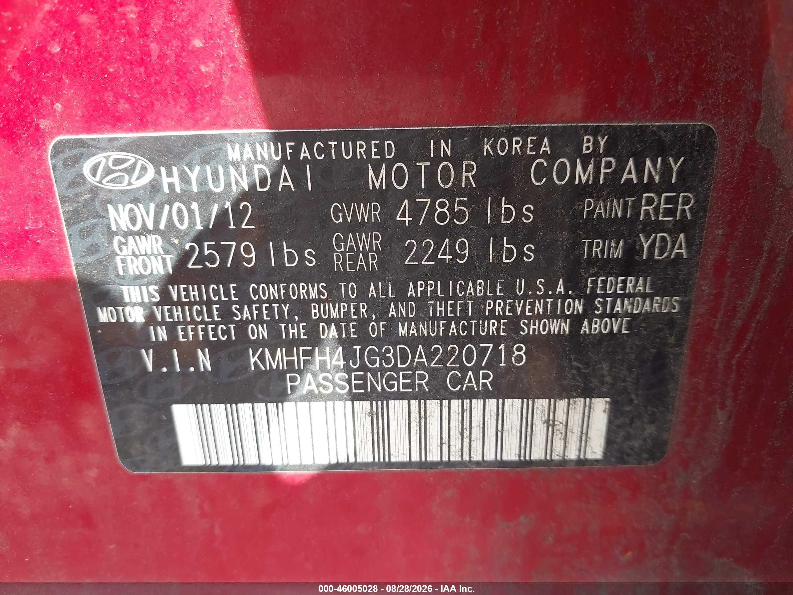 2013 Hyundai Azera   Red vin: KMHFH4JG3DA220718