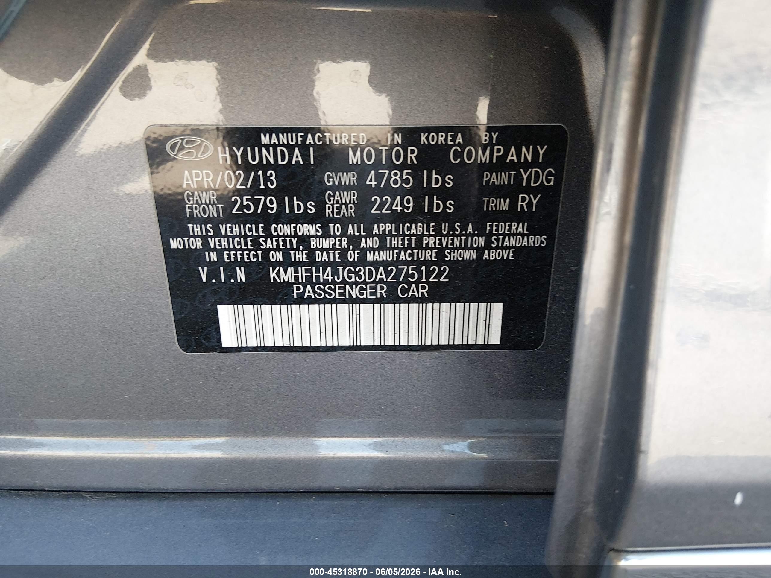 2013 Hyundai Azera   Gray vin: KMHFH4JG3DA275122