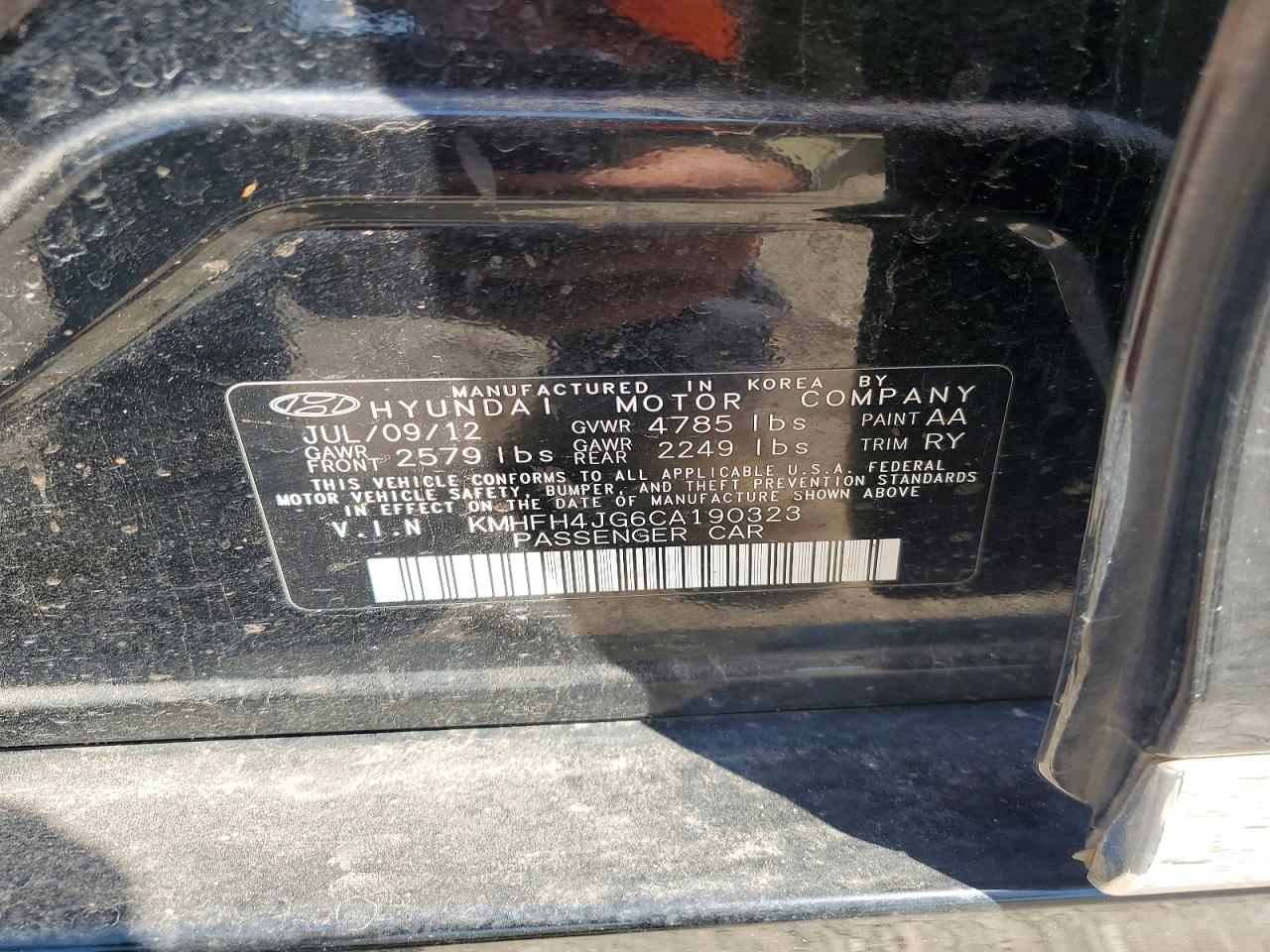 2012 Hyundai Azera Base Black vin: KMHFH4JG6CA190323