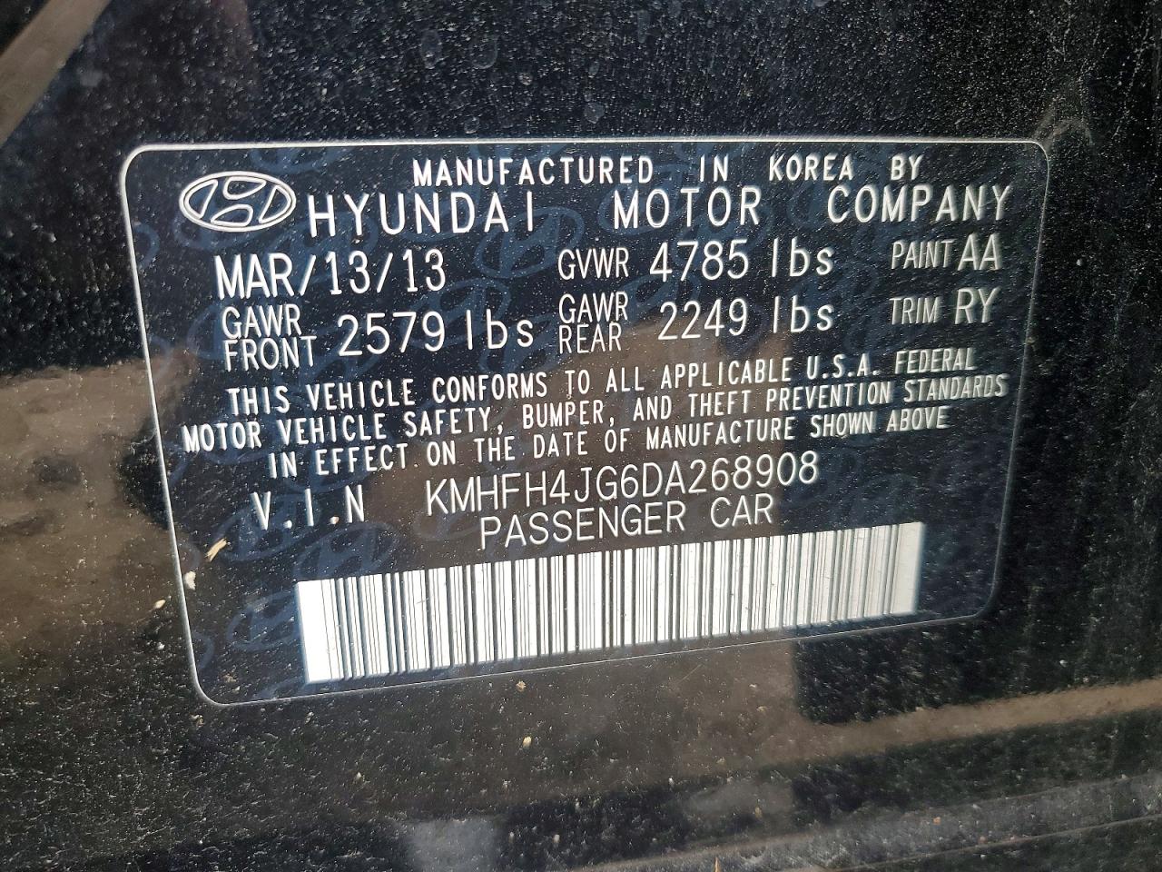 2013 Hyun Azera Black vin: KMHFH4JG6DA268908