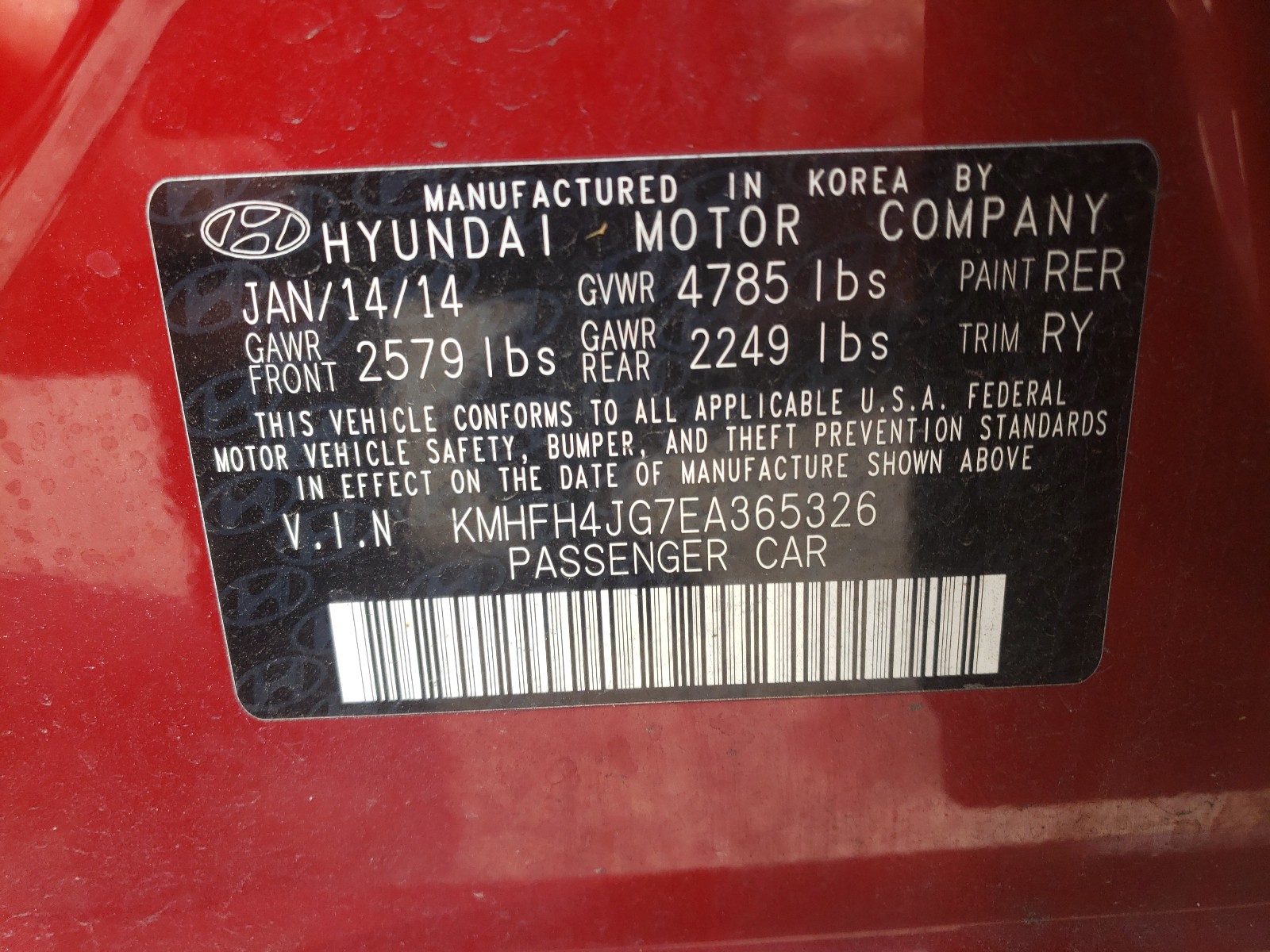 2014 Hyundai Azera Gls Red vin: KMHFH4JG7EA365326