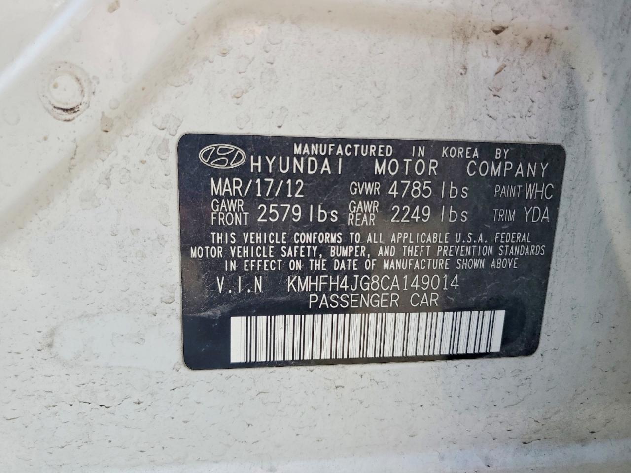 2012 Hyundai Azera Base White vin: KMHFH4JG8CA149014