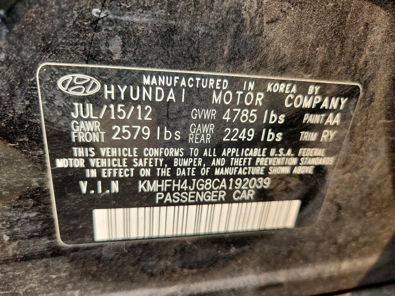 2012 Hyundai Azera Base Black vin: KMHFH4JG8CA192039