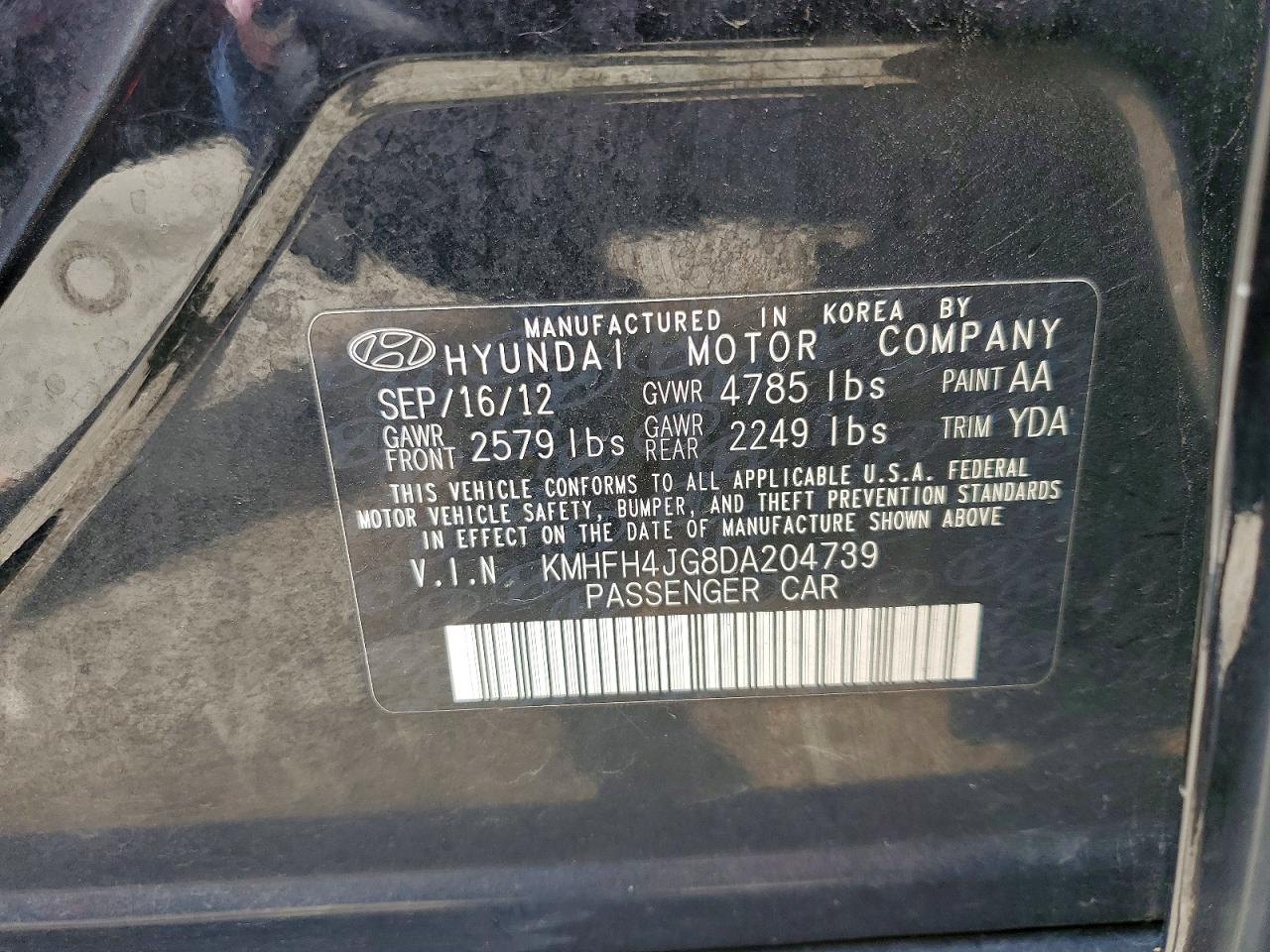 2013 Hyundai Azera Base Black vin: KMHFH4JG8DA204739