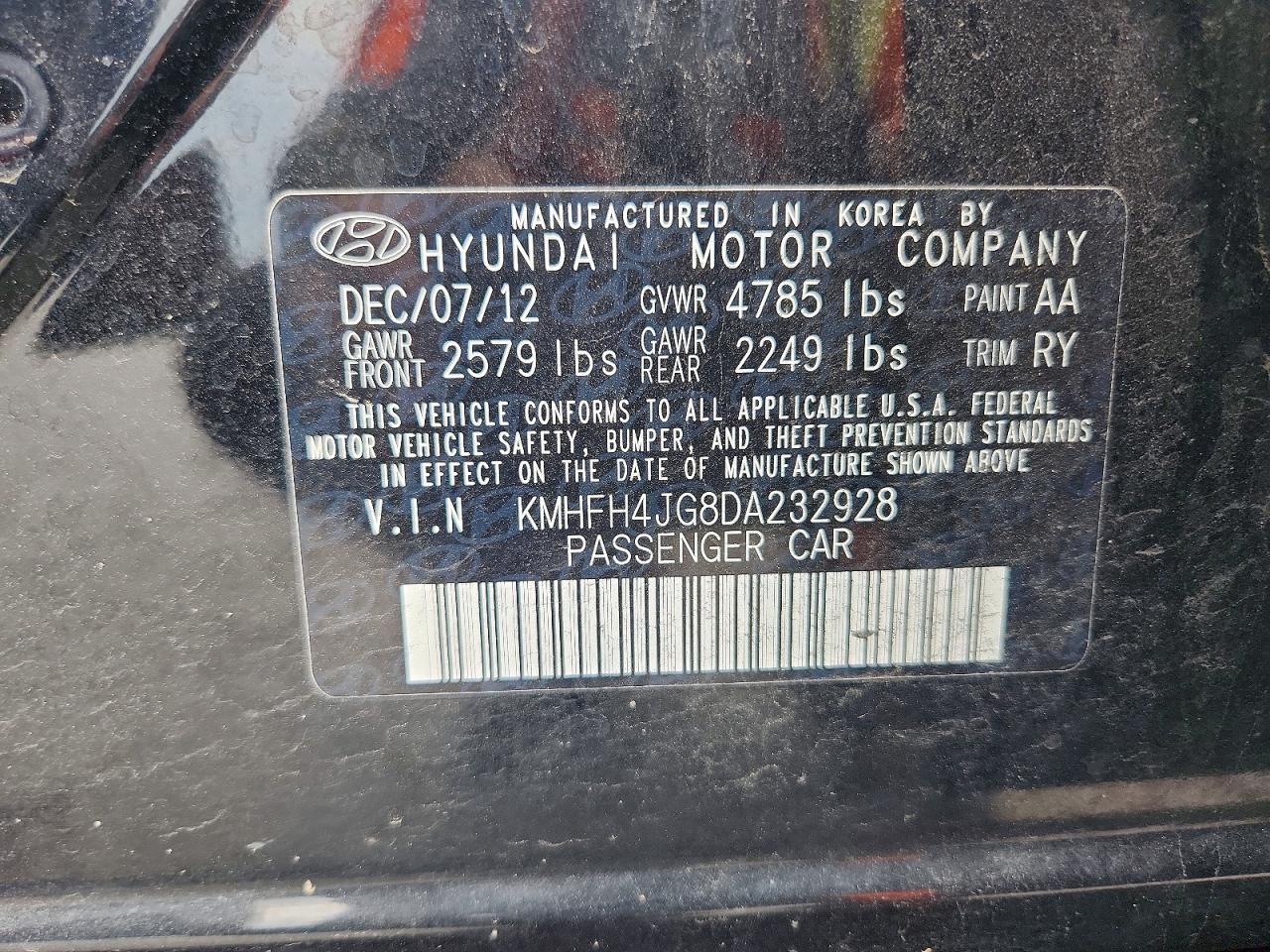 2013 Hyundai Azera Base Black vin: KMHFH4JG8DA232928