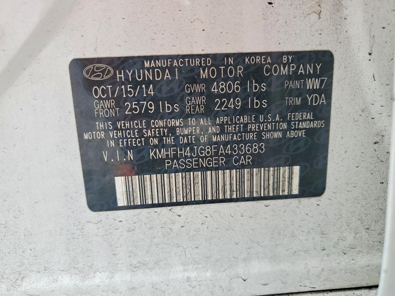 2015 Hyundai Azera Limited White vin: KMHFH4JG8FA433683