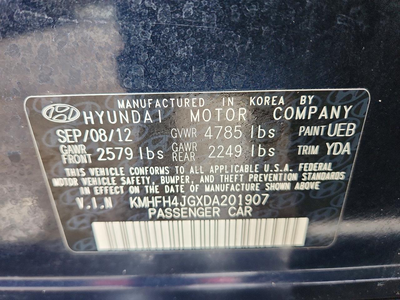 2013 Hyundai Azera Base Blue vin: KMHFH4JGXDA201907