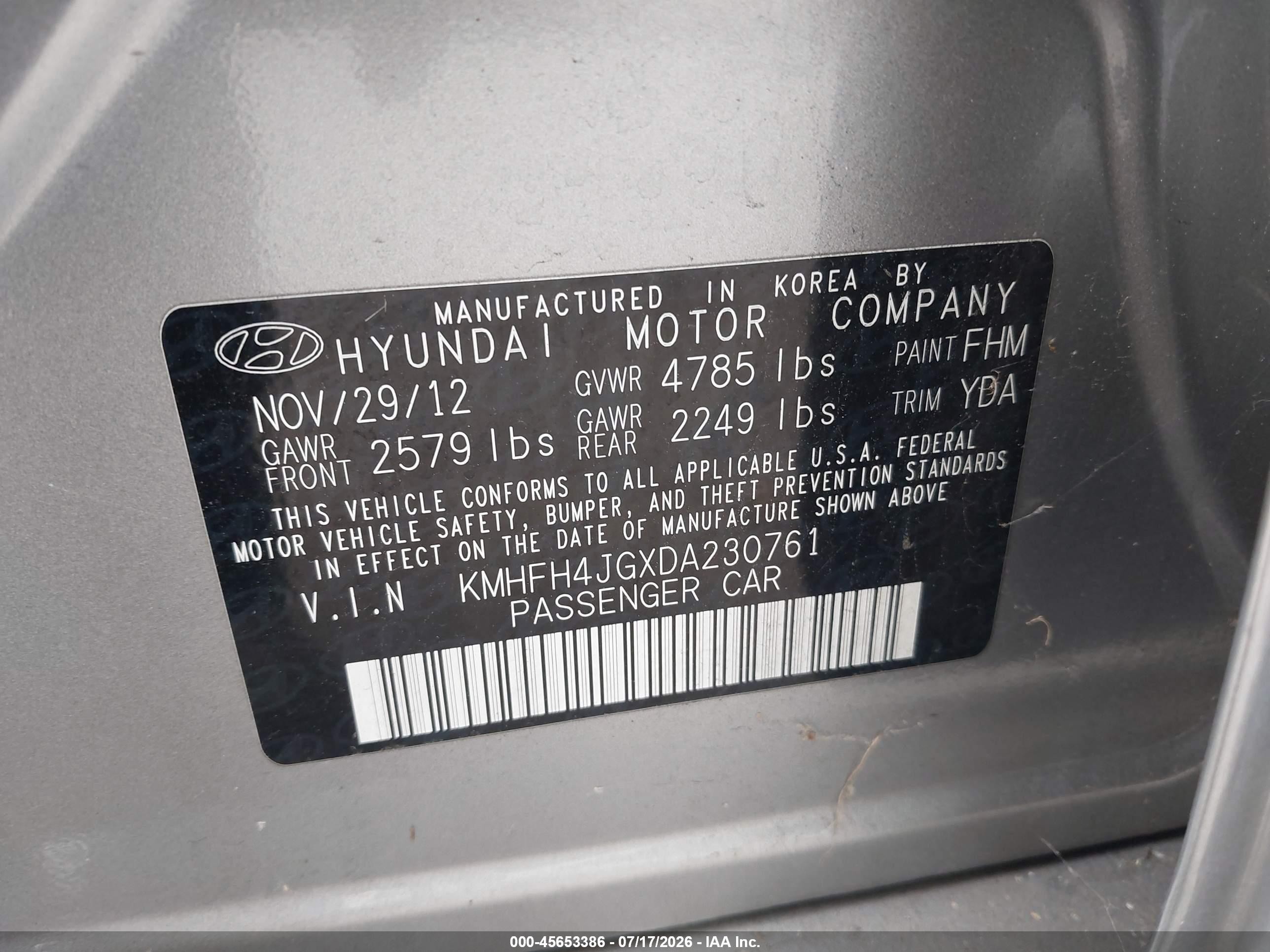 2013 Hyundai Azera   Gray vin: KMHFH4JGXDA230761