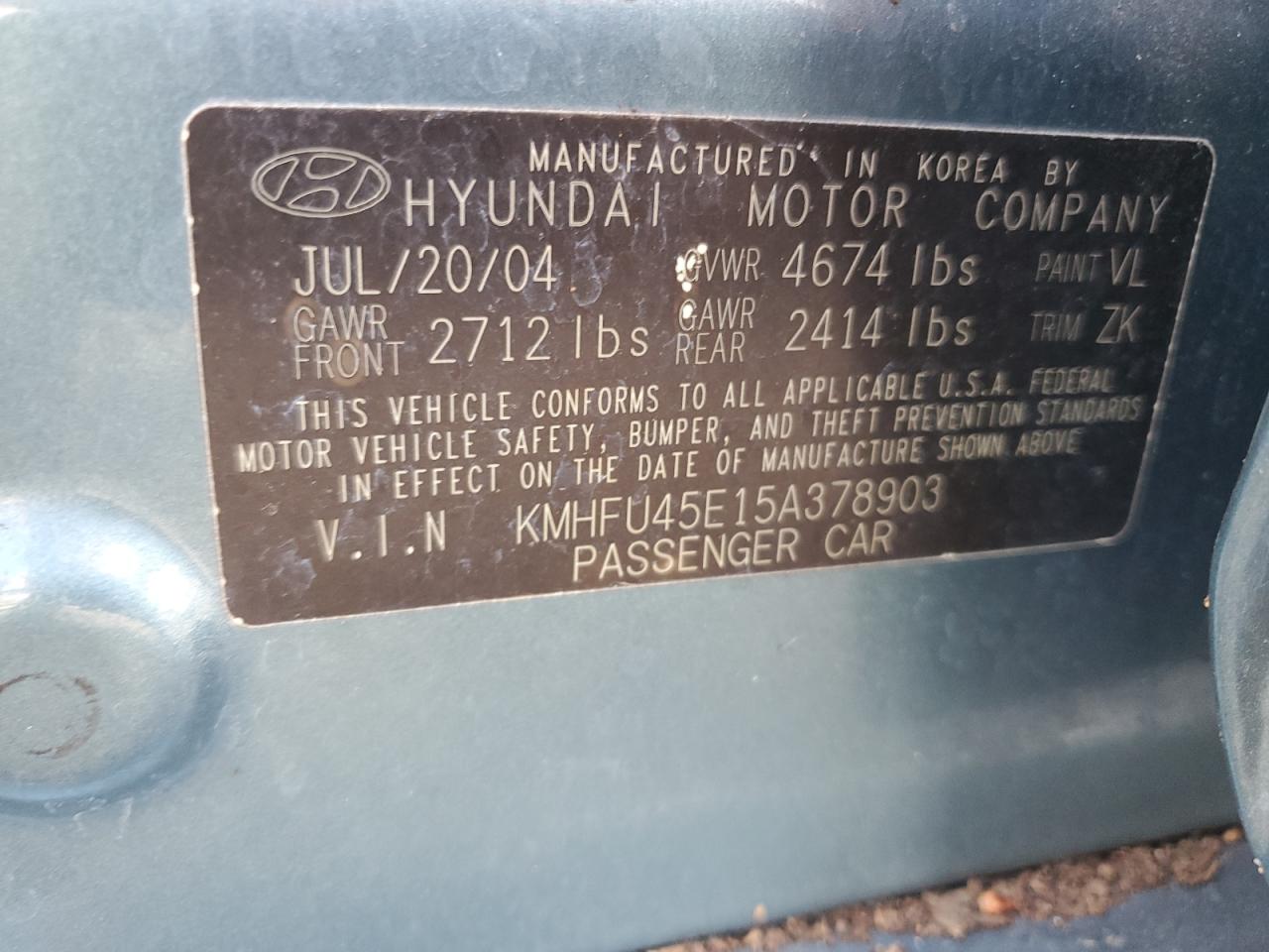 2005 Hyundai Xg 350   Turquoise vin: KMHFU45E15A378903