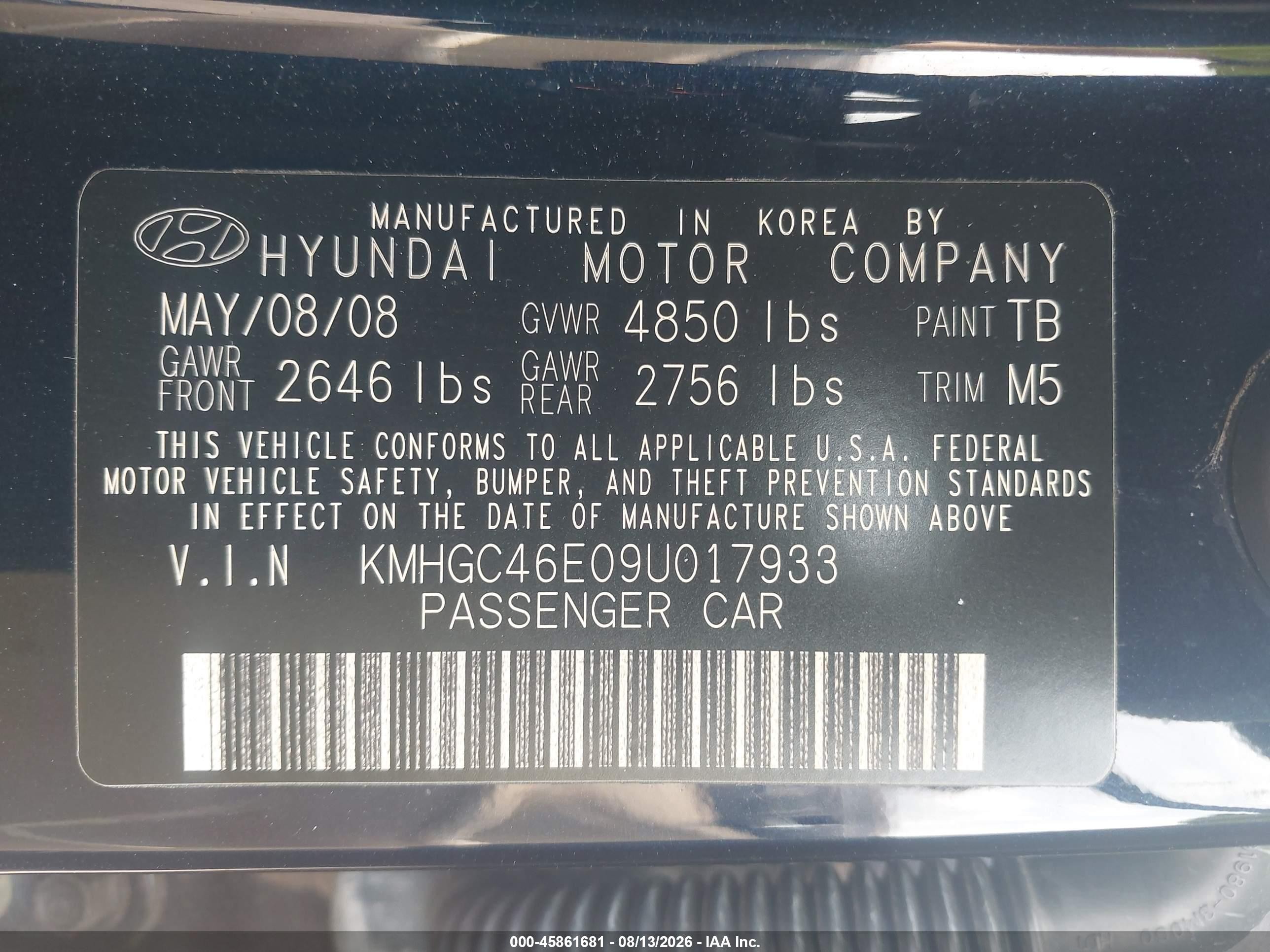 2009 Hyundai Genesis 3.8 Dark Blue vin: KMHGC46E09U017933