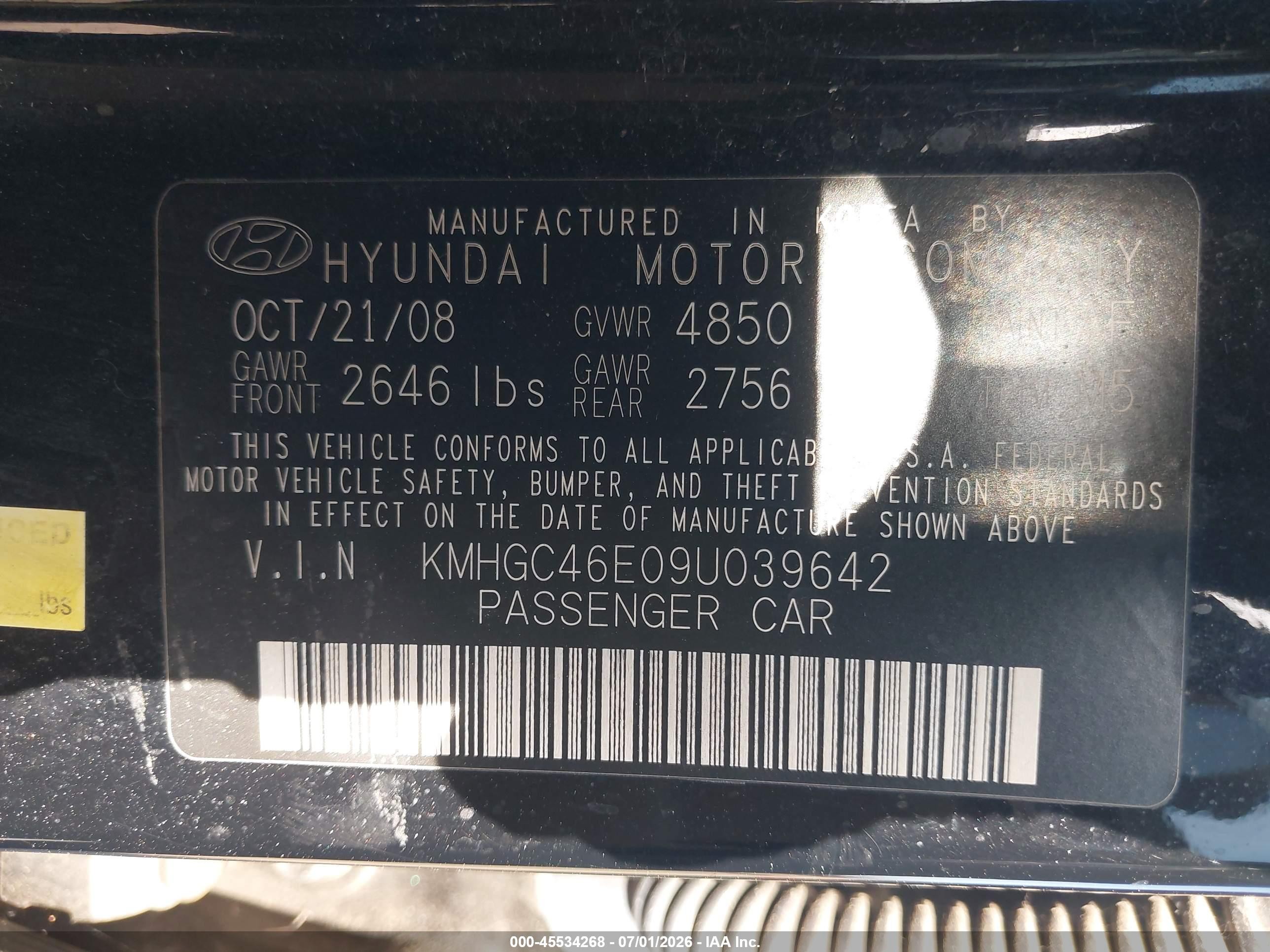 2009 Hyundai Genesis 3.8 Black vin: KMHGC46E09U039642
