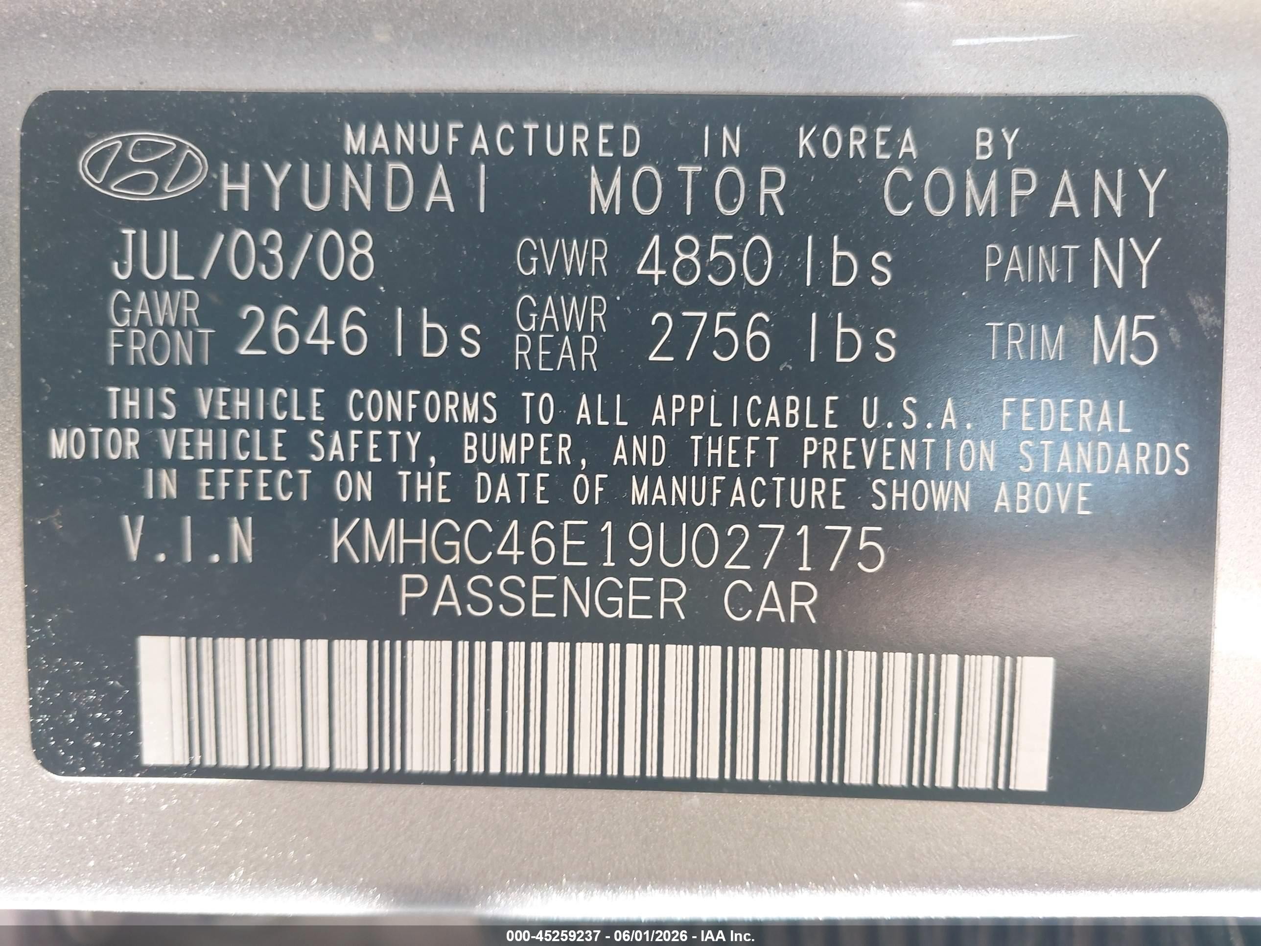 2009 Hyundai Genesis 3.8 Серый vin: KMHGC46E19U027175