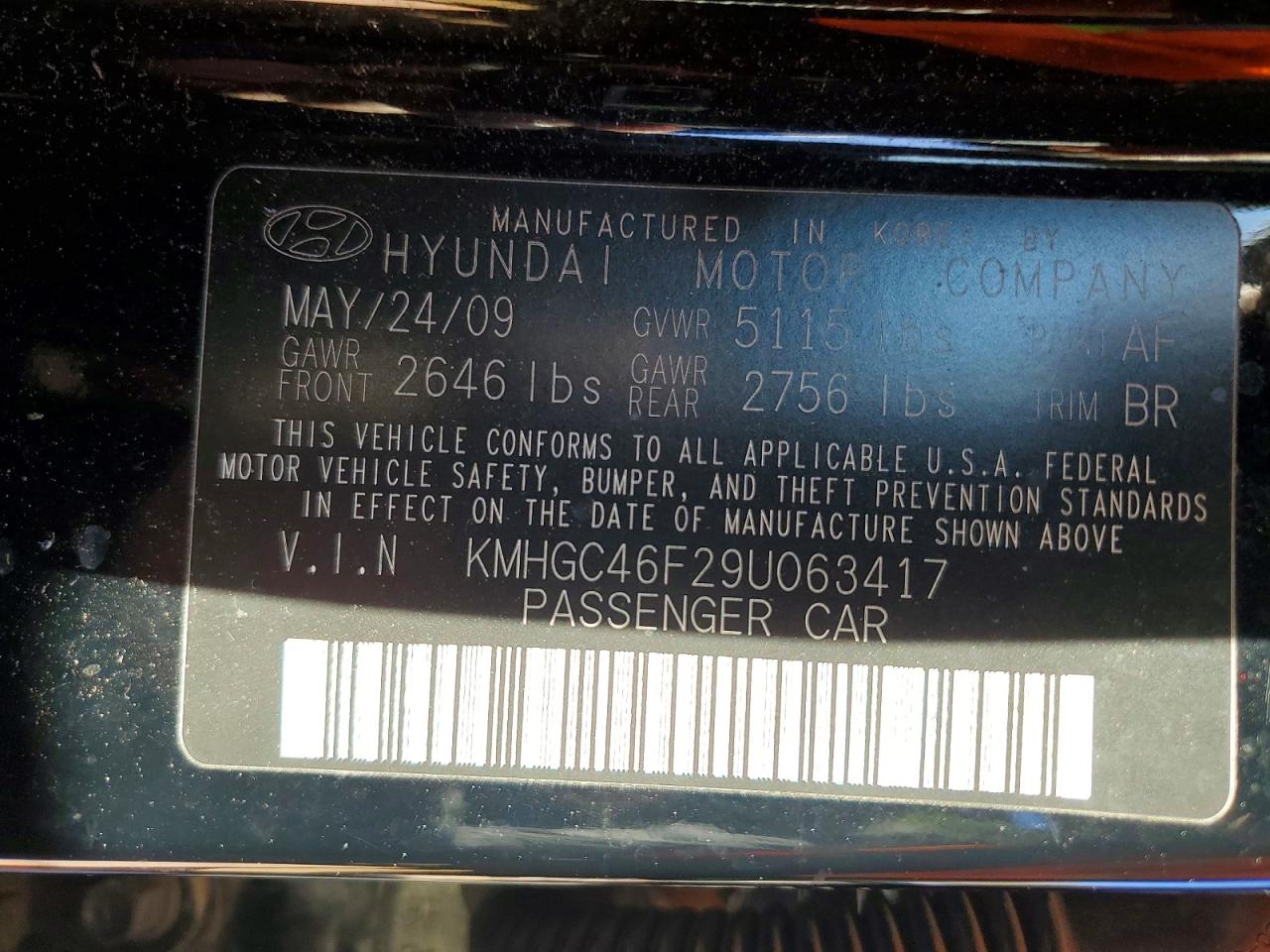 2009 Hyundai Genesis 4.6l V8 Black vin: KMHGC46F29U063417