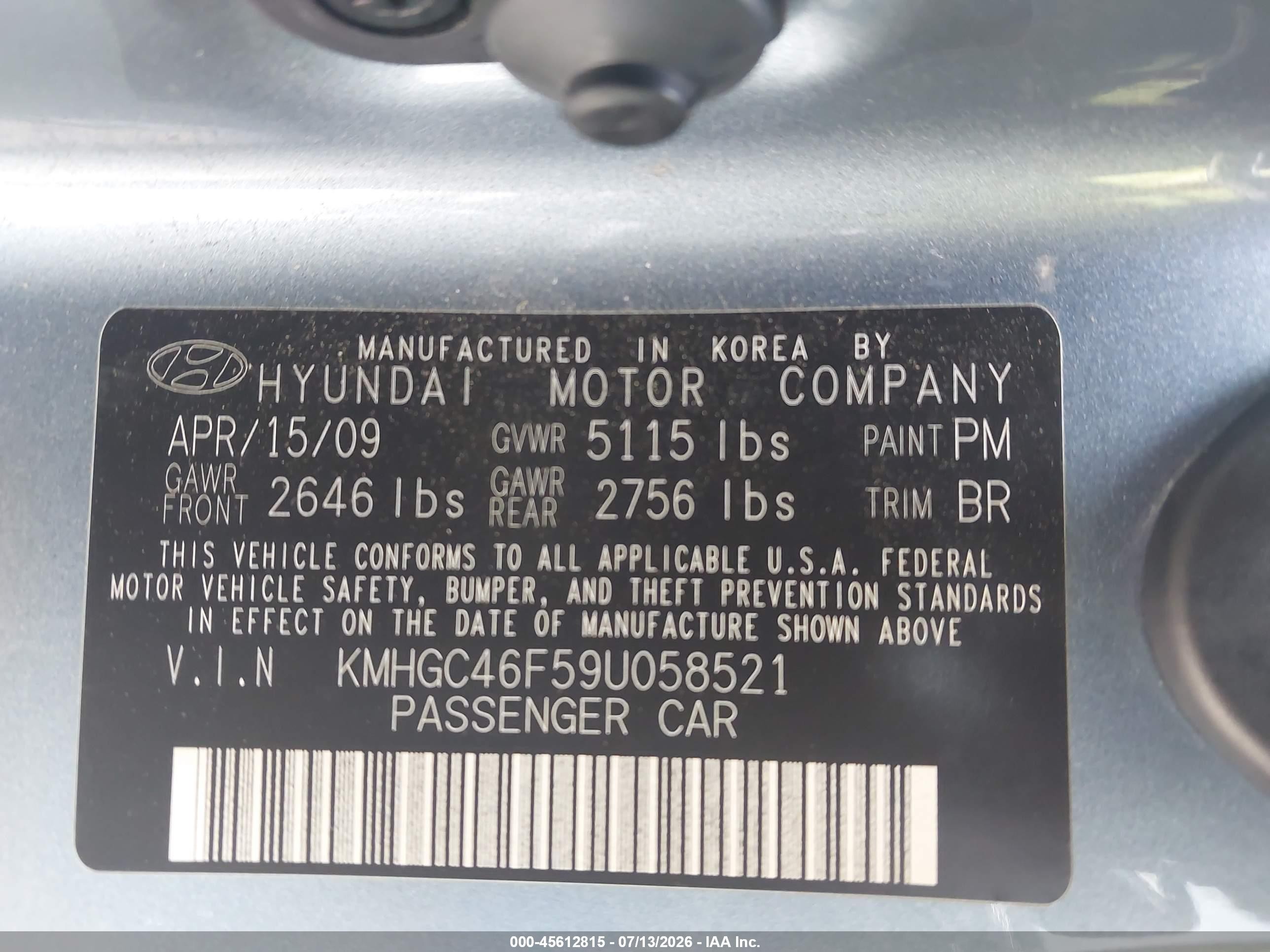 2009 Hyundai Genesis 4.6 Light Blue vin: KMHGC46F59U058521