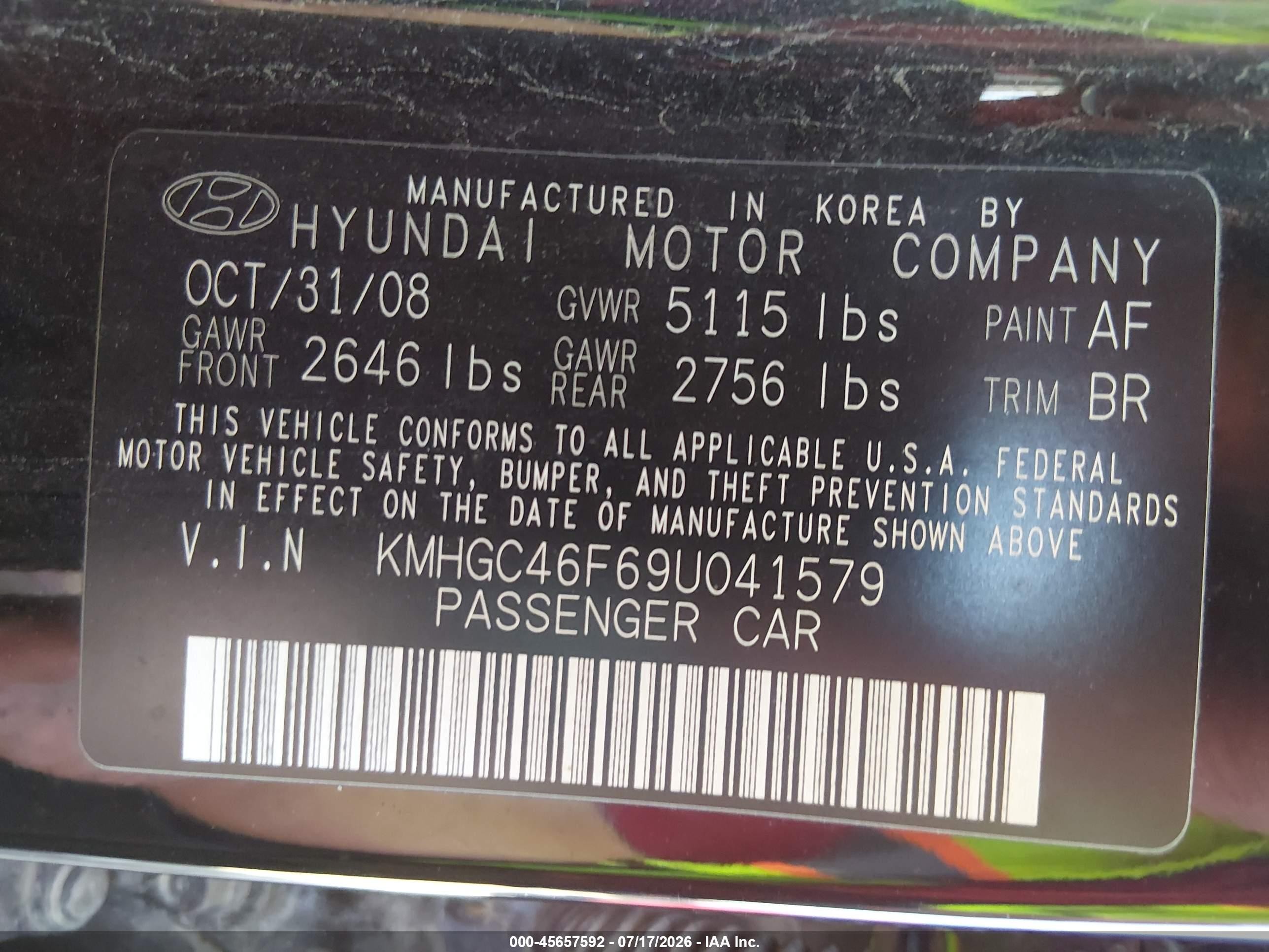 2009 Hyundai Genesis 4.6 Черный vin: KMHGC46F69U041579