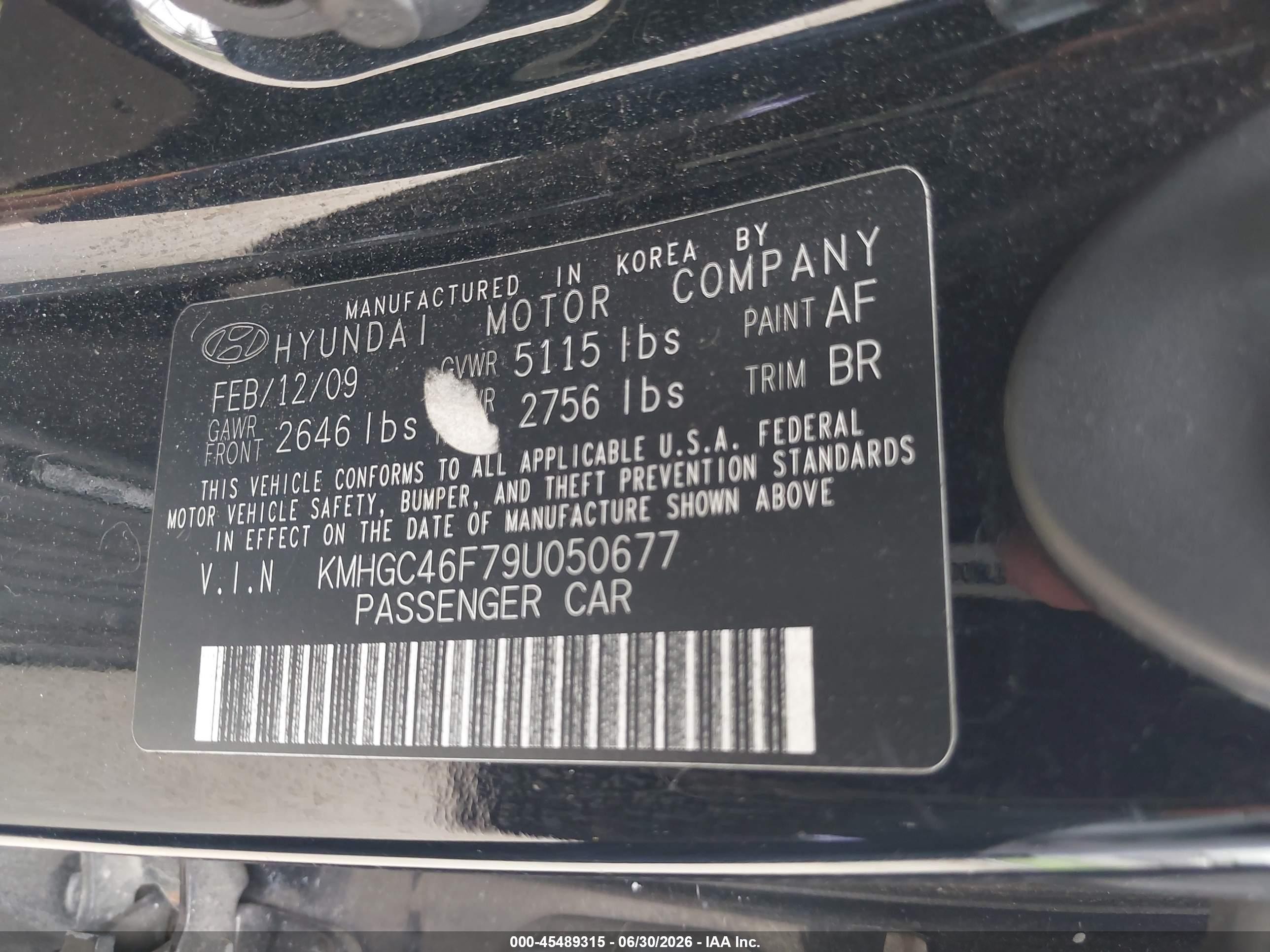 2009 Hyundai Genesis 4.6 Черный vin: KMHGC46F79U050677