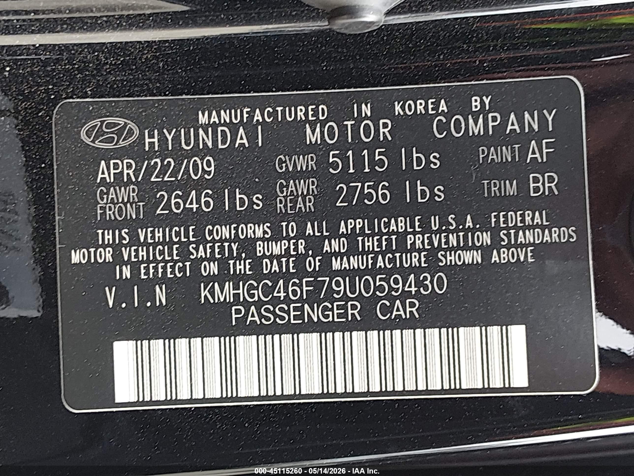 2009 Hyundai Genesis 4.6 Black vin: KMHGC46F79U059430