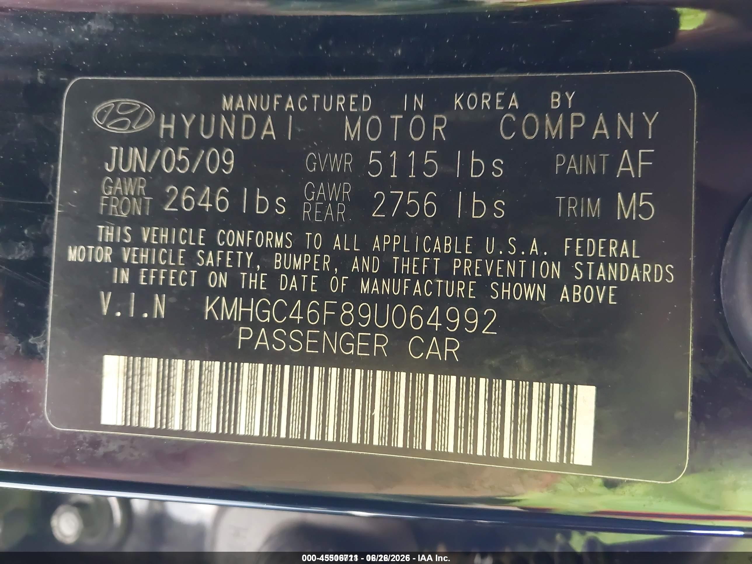 2009 Hyundai Genesis 4.6 Black vin: KMHGC46F89U064992