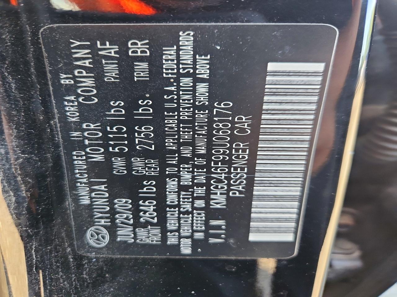 2009 Hyundai Genesis 4.6l Black vin: KMHGC46F99U068176