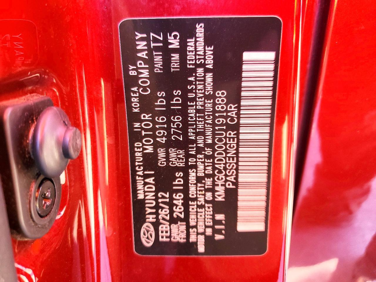 2012 Hyundai Genesis 3.8l Burgundy vin: KMHGC4DD0CU191888