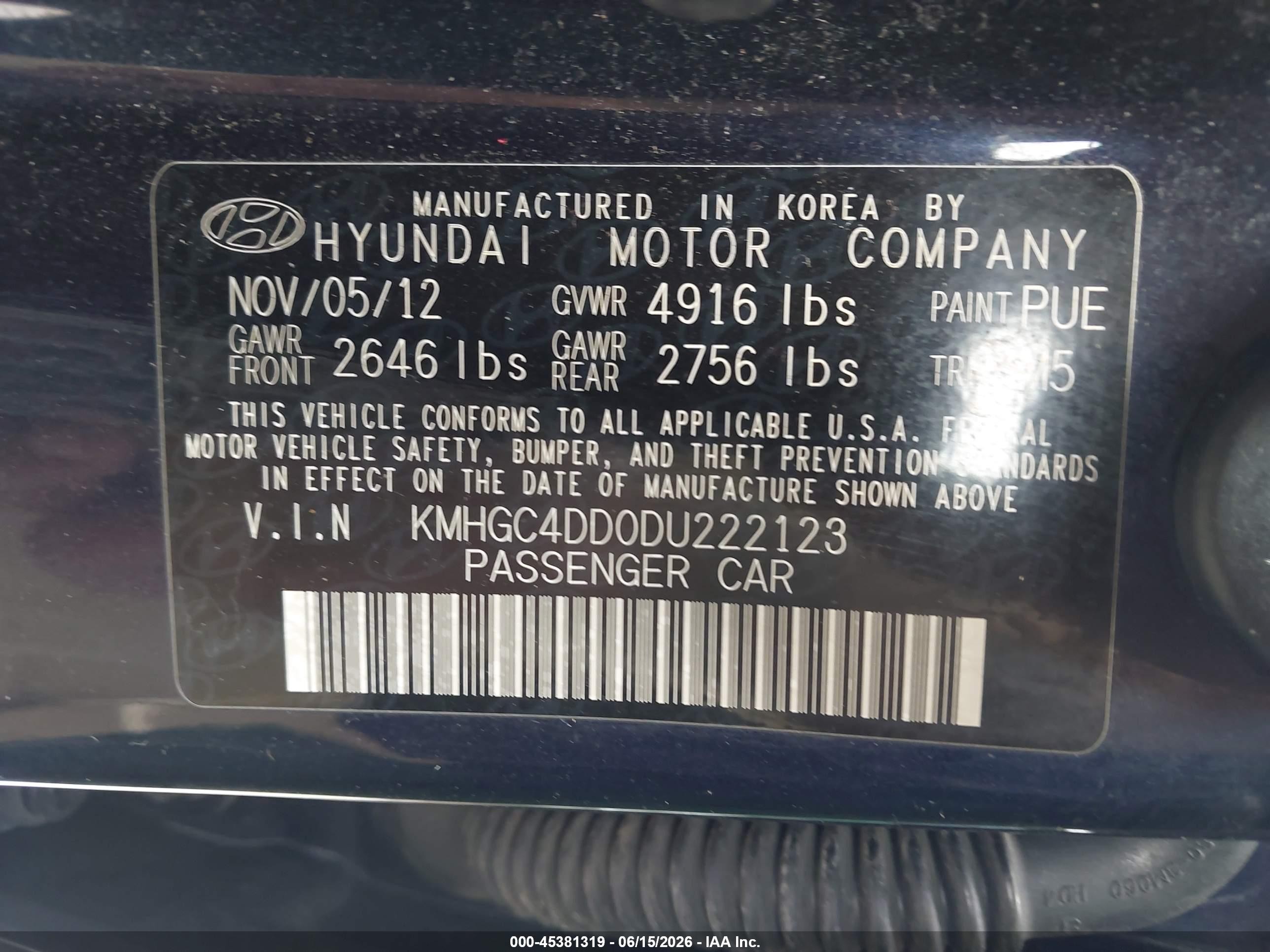 2013 Hyundai Genesis 3.8 Blue vin: KMHGC4DD0DU222123