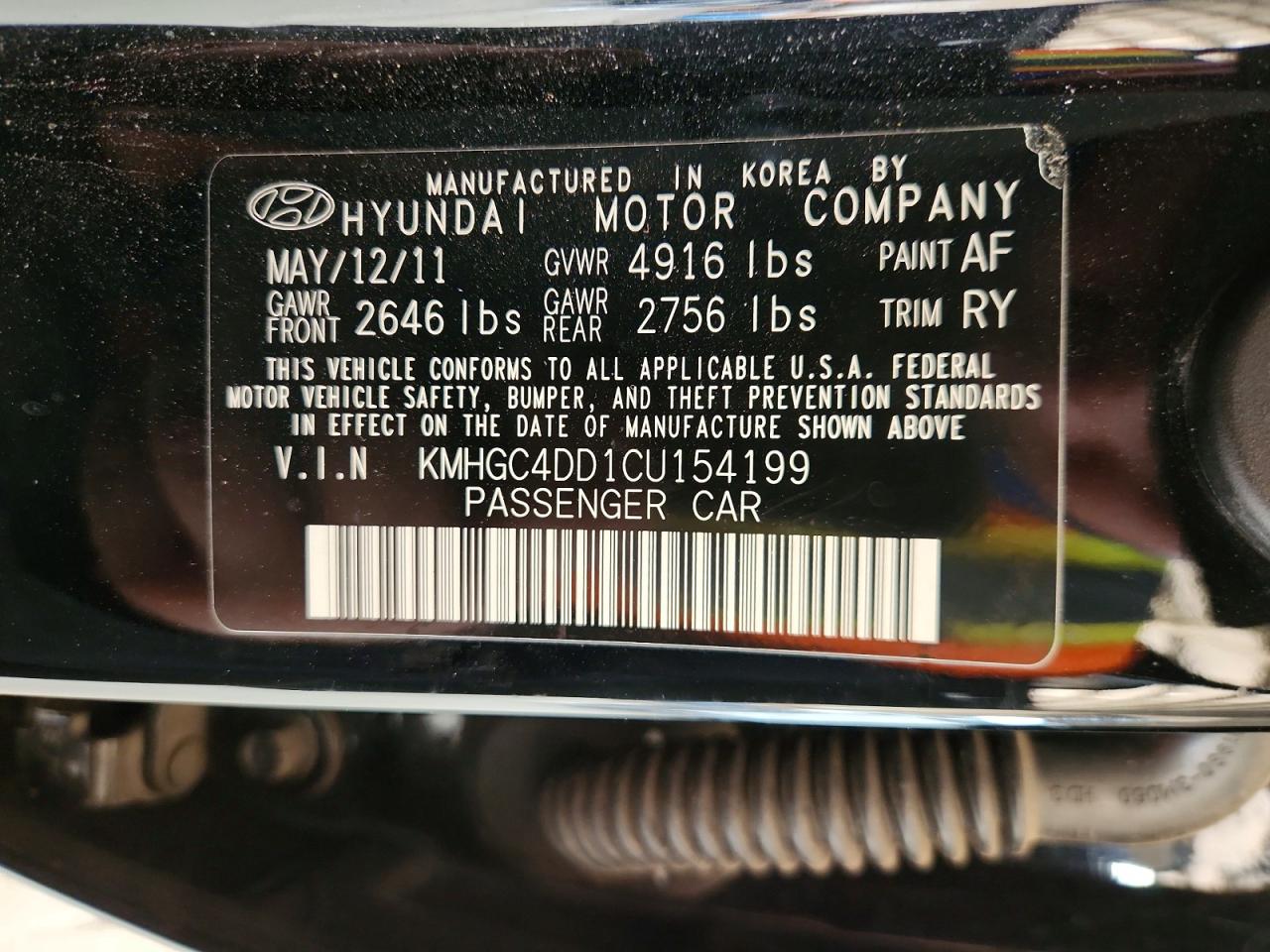 2012 Hyundai Genesis 3.8l Black vin: KMHGC4DD1CU154199