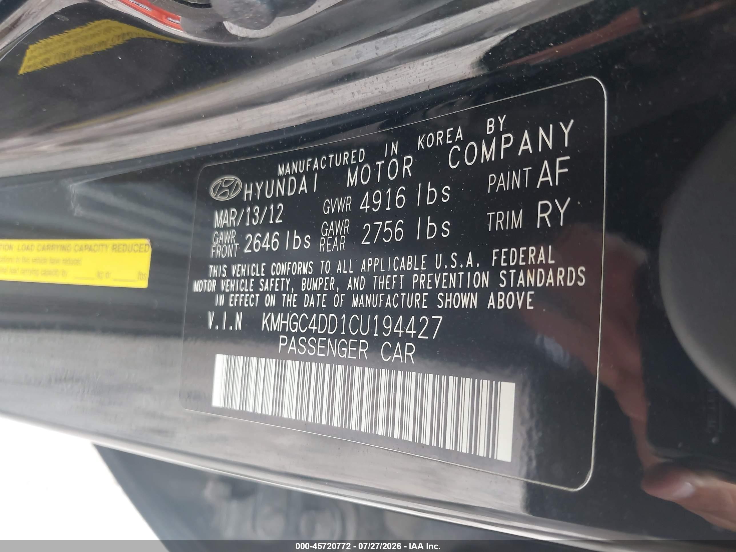 2012 Hyundai Genesis 3.8 Black vin: KMHGC4DD1CU194427