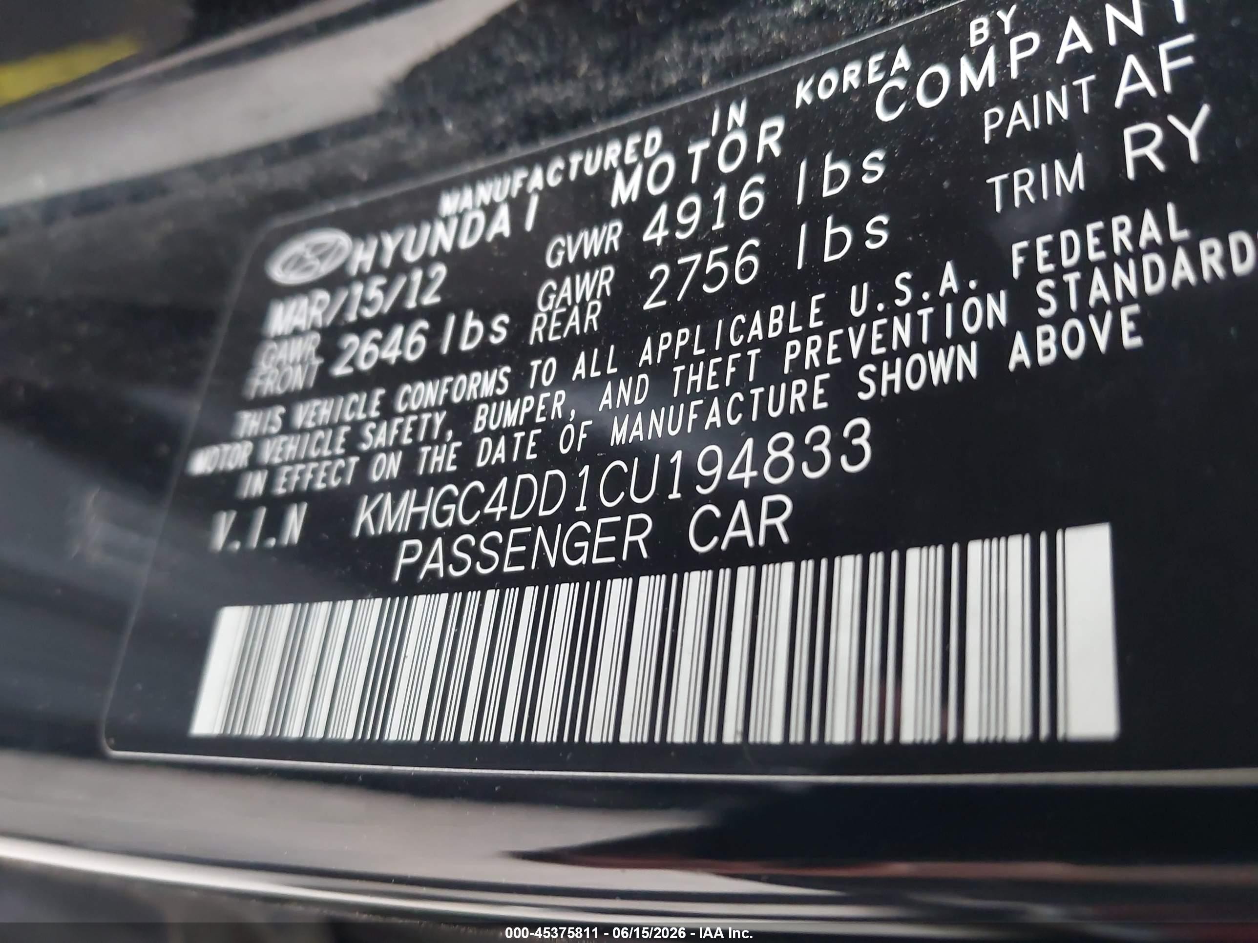 2012 Hyundai Genesis 3.8 Black vin: KMHGC4DD1CU194833