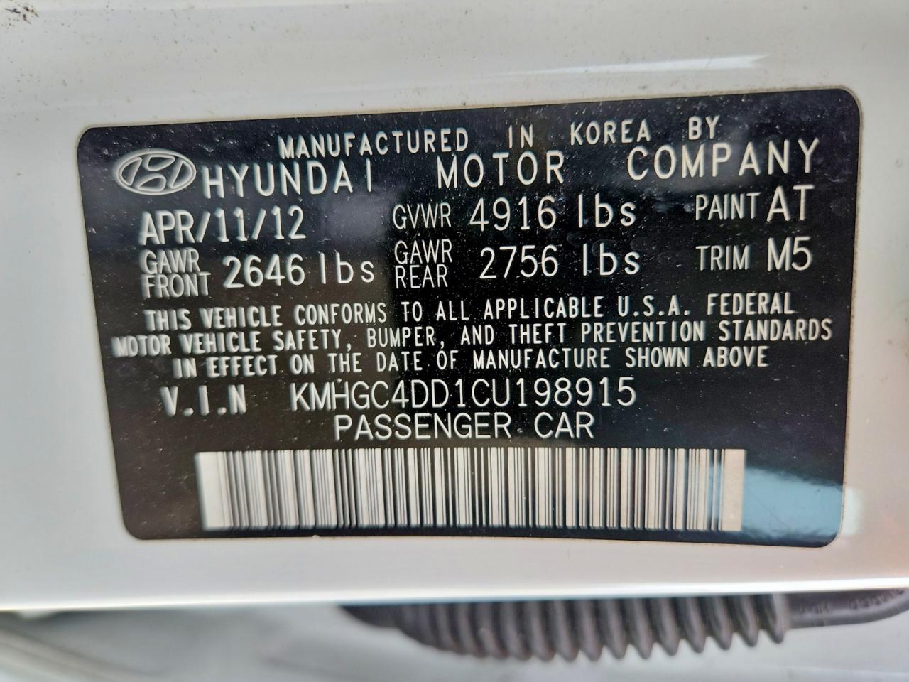 2012 Hyundai Genesis 3.8l White vin: KMHGC4DD1CU198915