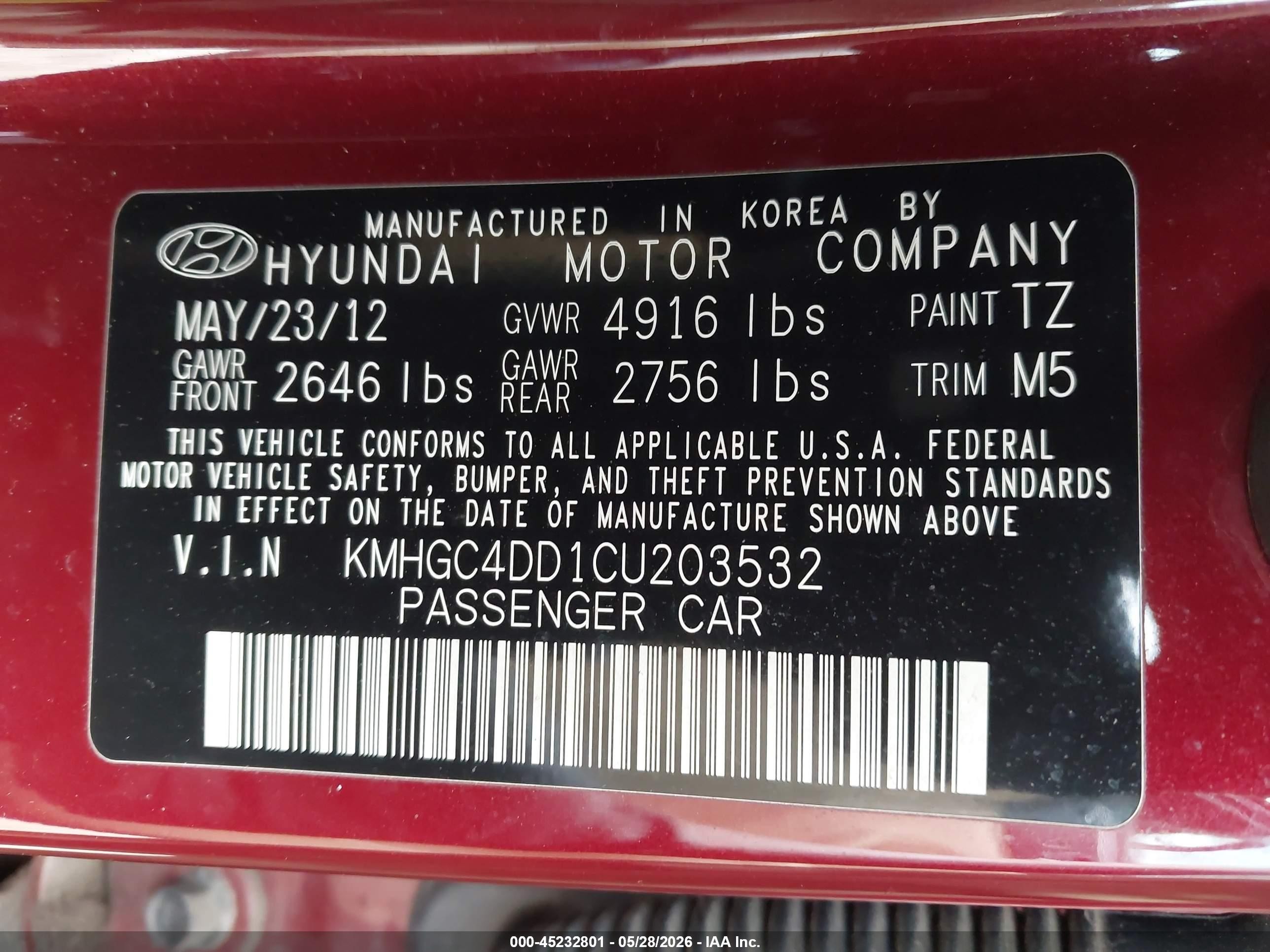 2012 Hyundai Genesis 3.8 Red vin: KMHGC4DD1CU203532