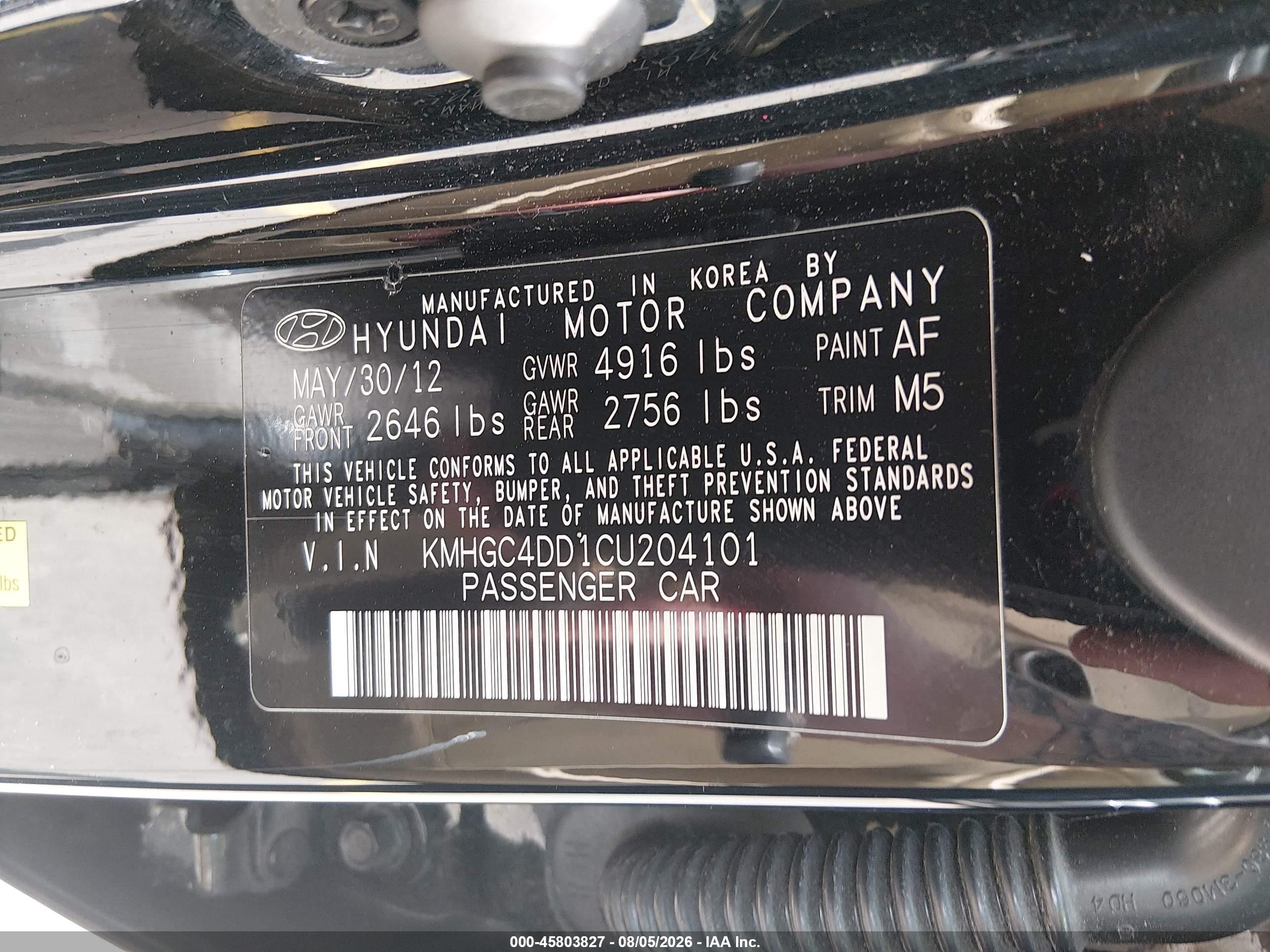 2012 Hyundai Genesis 3.8 Black vin: KMHGC4DD1CU204101