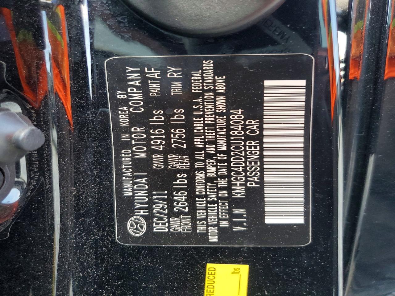 2012 Hyundai Genesis 3.8l Black vin: KMHGC4DD2CU184084